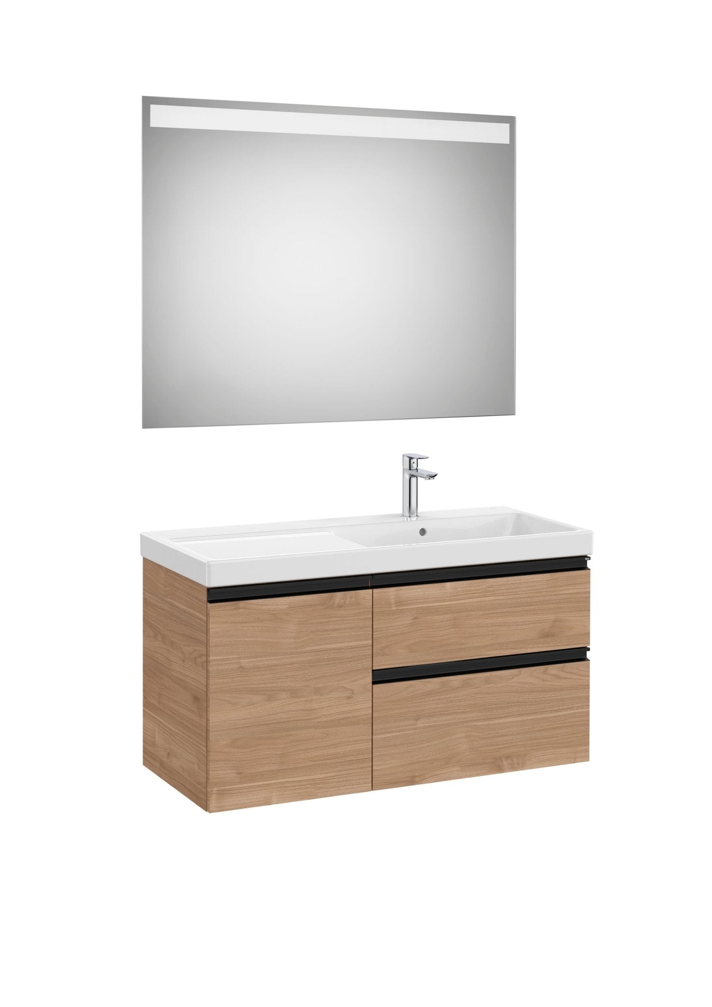 Roca - Mueble base The Gap Pack asimétrico de dos cajones y una puerta, lavabo plus y espejo LED Eidos - BricoandPool