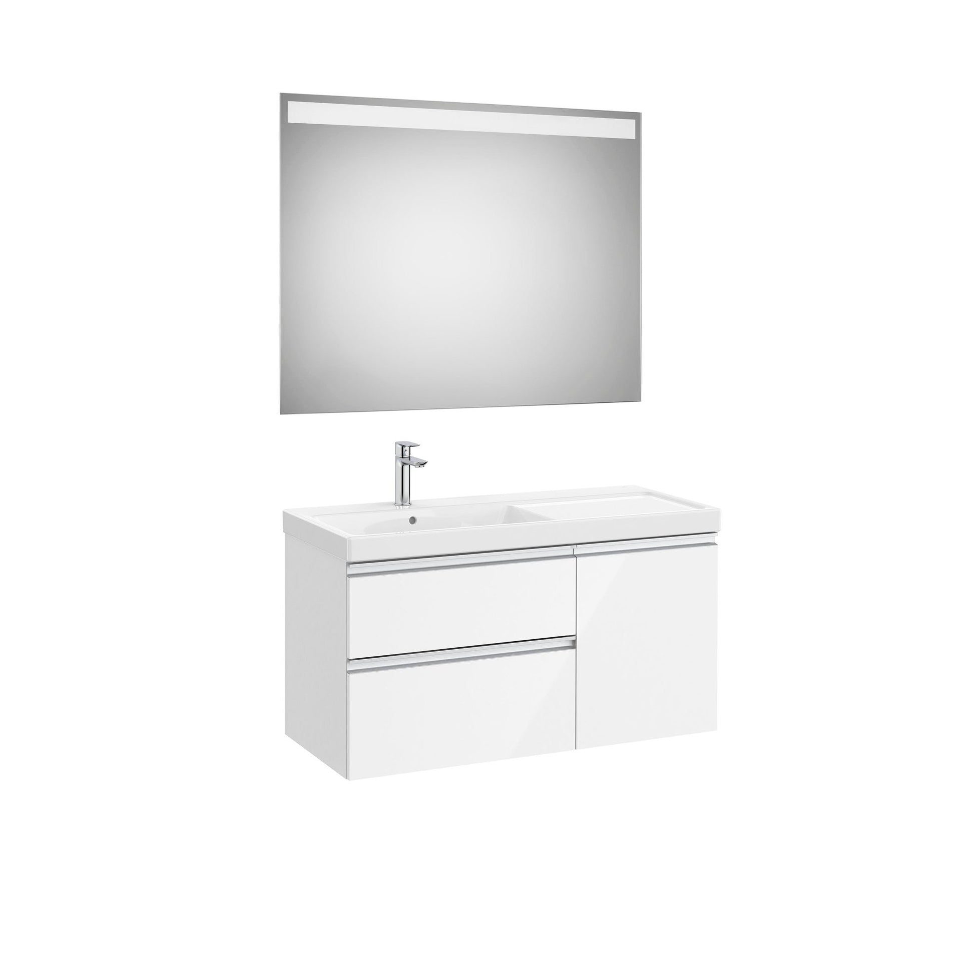 Roca - Mueble base The Gap Pack asimétrico de dos cajones y una puerta, lavabo plus y espejo LED Eidos - BricoandPool