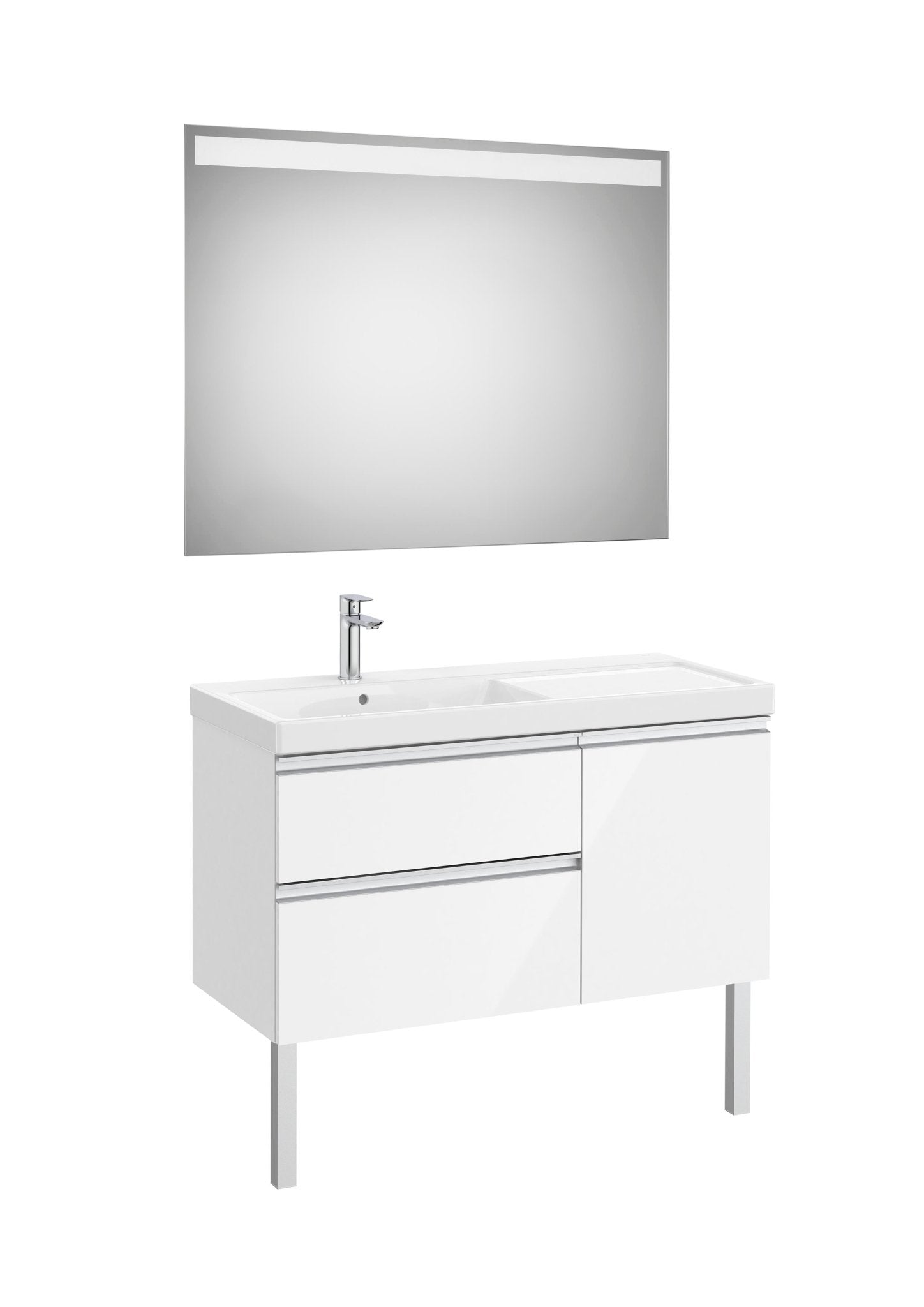 Roca - Mueble base The Gap Pack asimétrico de dos cajones y una puerta, lavabo plus y espejo LED Eidos - BricoandPool
