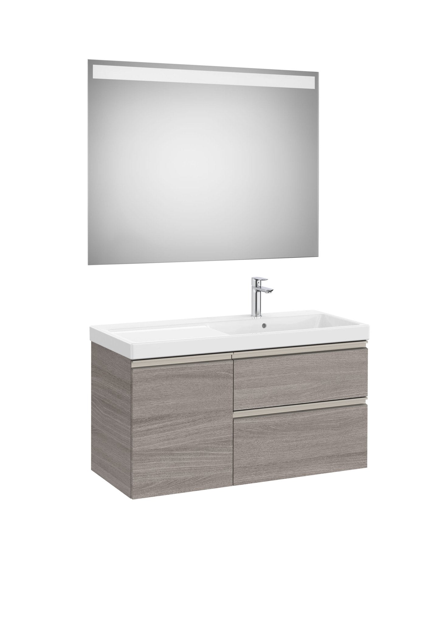 Roca - Mueble base The Gap Pack asimétrico de dos cajones y una puerta, lavabo plus y espejo LED Eidos - BricoandPool