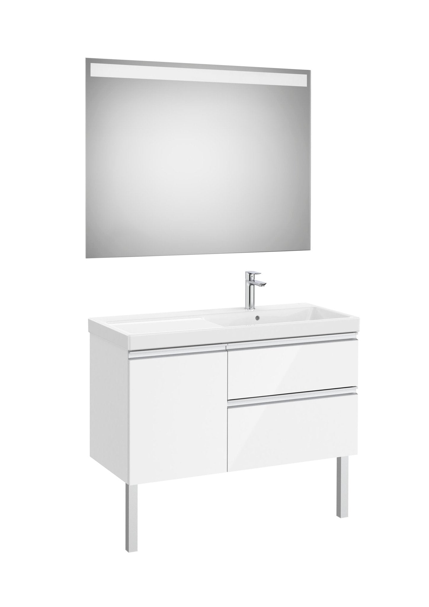 Roca - Mueble base The Gap Pack asimétrico de dos cajones y una puerta, lavabo plus y espejo LED Eidos - BricoandPool