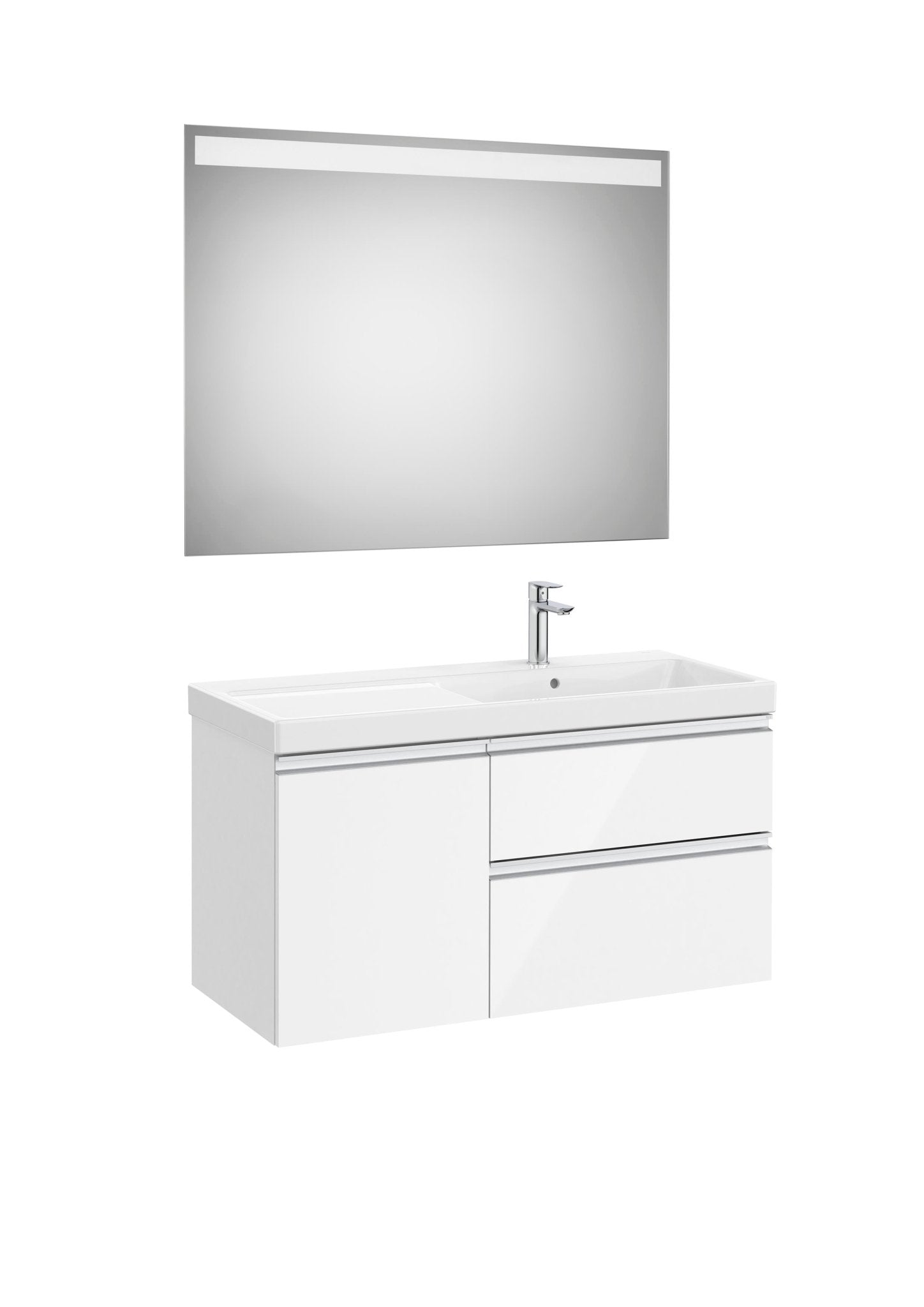 Roca - Mueble base The Gap Pack asimétrico de dos cajones y una puerta, lavabo plus y espejo LED Eidos - BricoandPool