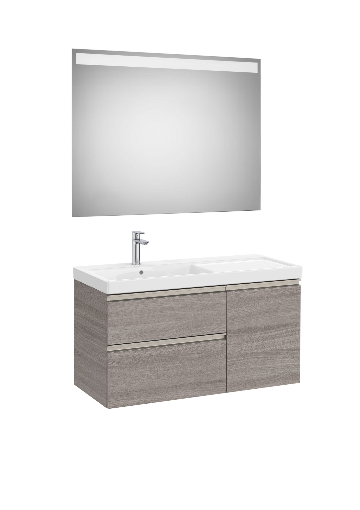 Roca - Mueble base The Gap Pack asimétrico de dos cajones y una puerta, lavabo plus y espejo LED Eidos - BricoandPool