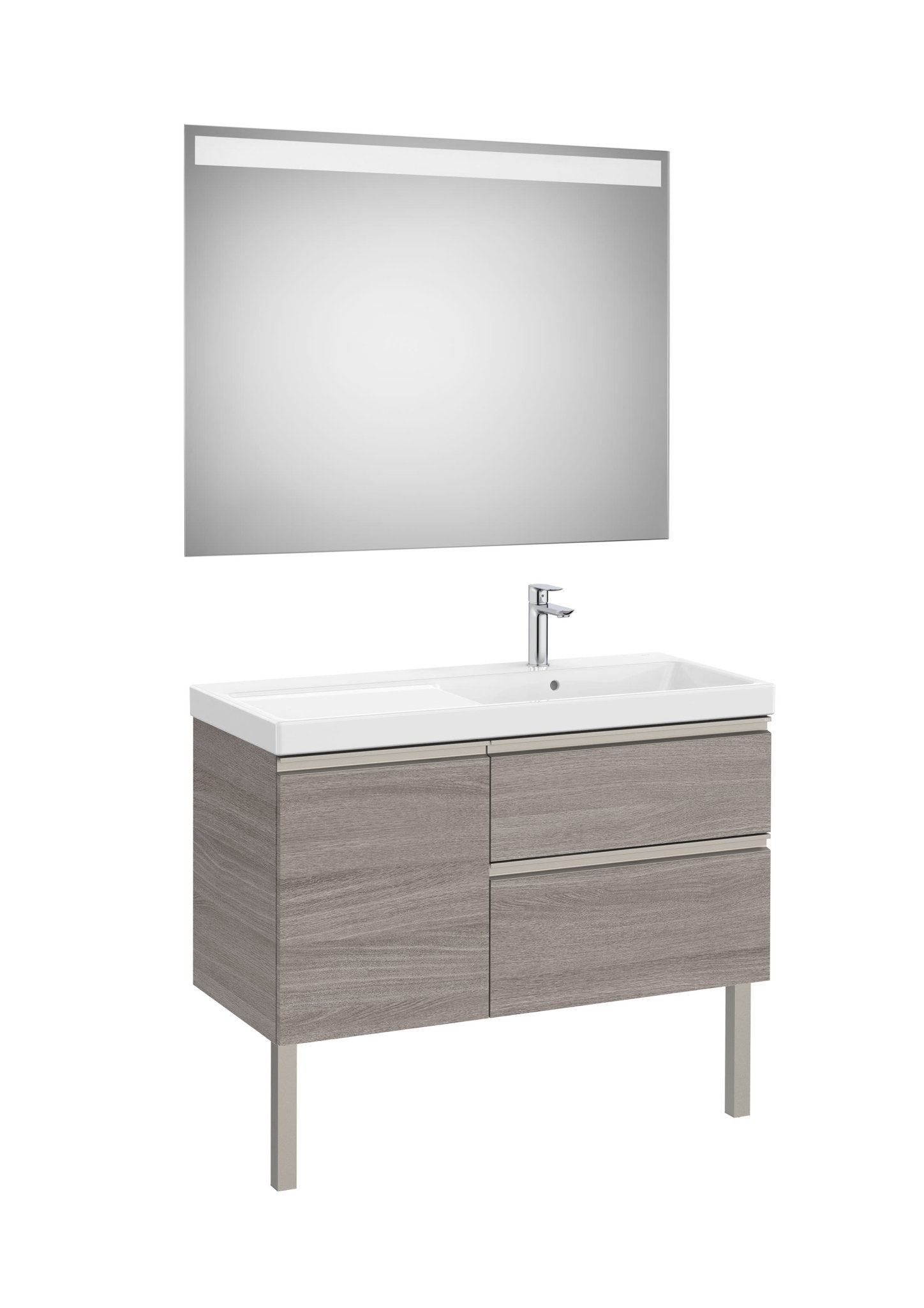 Roca - Mueble base The Gap Pack asimétrico de dos cajones y una puerta, lavabo plus y espejo LED Eidos - BricoandPool