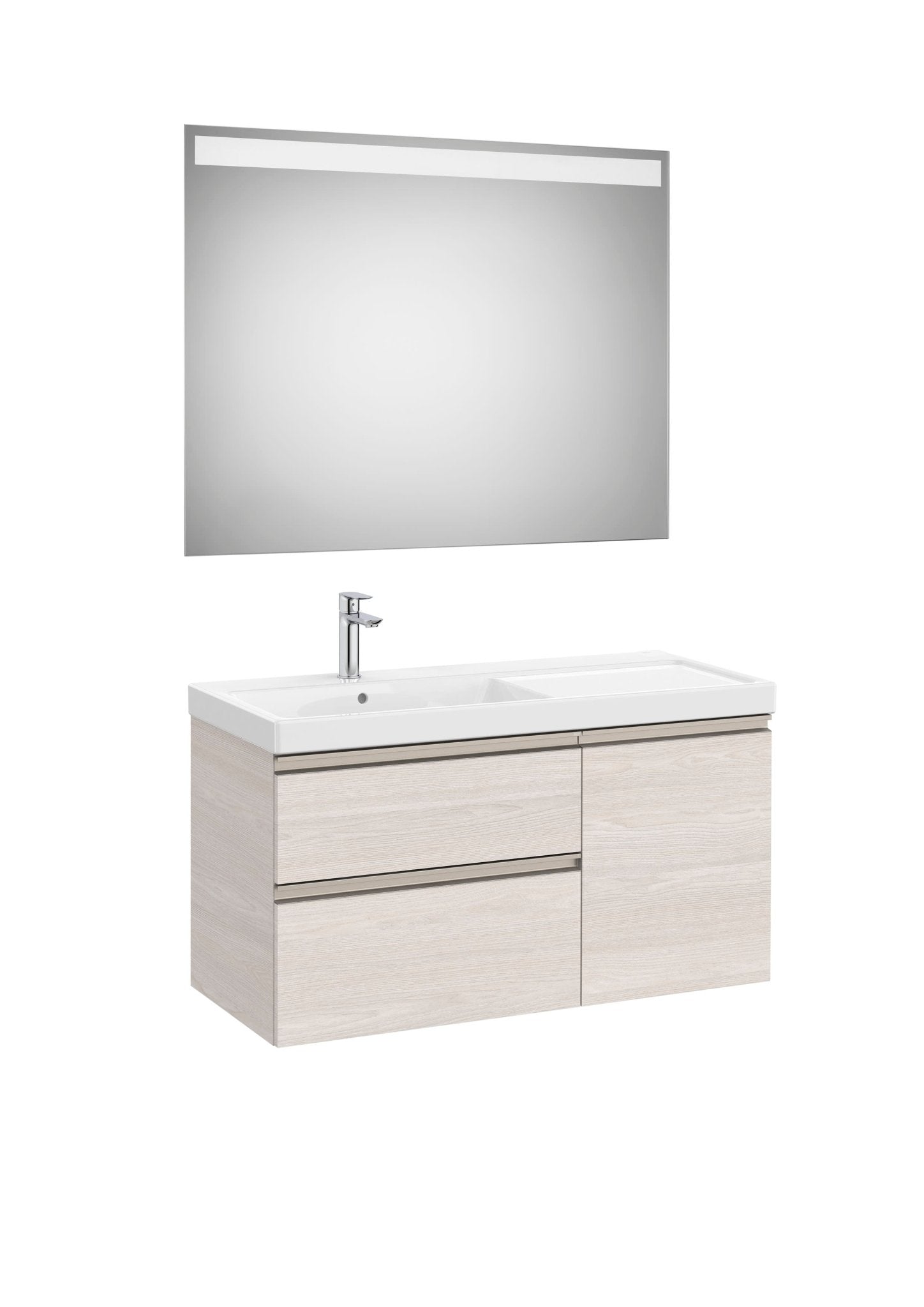Roca - Mueble base The Gap Pack asimétrico de dos cajones y una puerta, lavabo plus y espejo LED Eidos - BricoandPool
