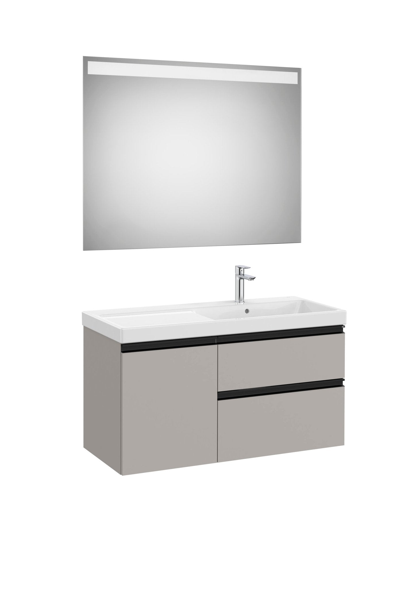 Roca - Mueble base The Gap Pack asimétrico de dos cajones y una puerta, lavabo plus y espejo LED Eidos - BricoandPool