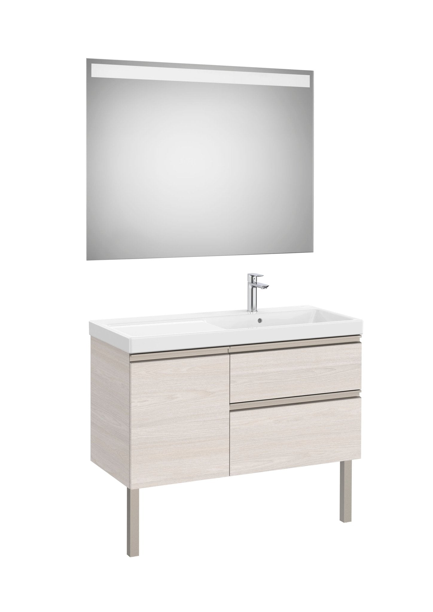 Roca - Mueble base The Gap Pack asimétrico de dos cajones y una puerta, lavabo plus y espejo LED Eidos - BricoandPool