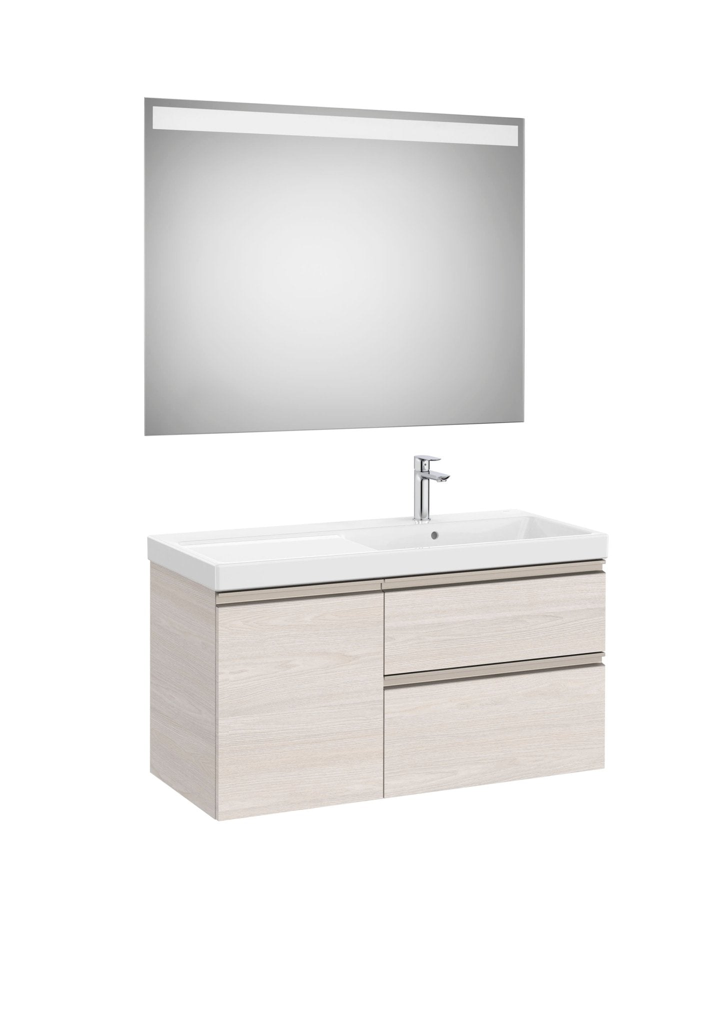 Roca - Mueble base The Gap Pack asimétrico de dos cajones y una puerta, lavabo plus y espejo LED Eidos - BricoandPool