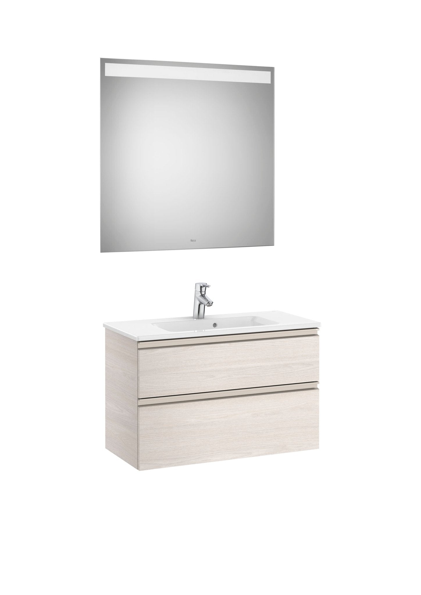 Roca - Mueble base The Gap Pack compacto de dos cajones, lavabo centrado y espejo LED Eidos - BricoandPool