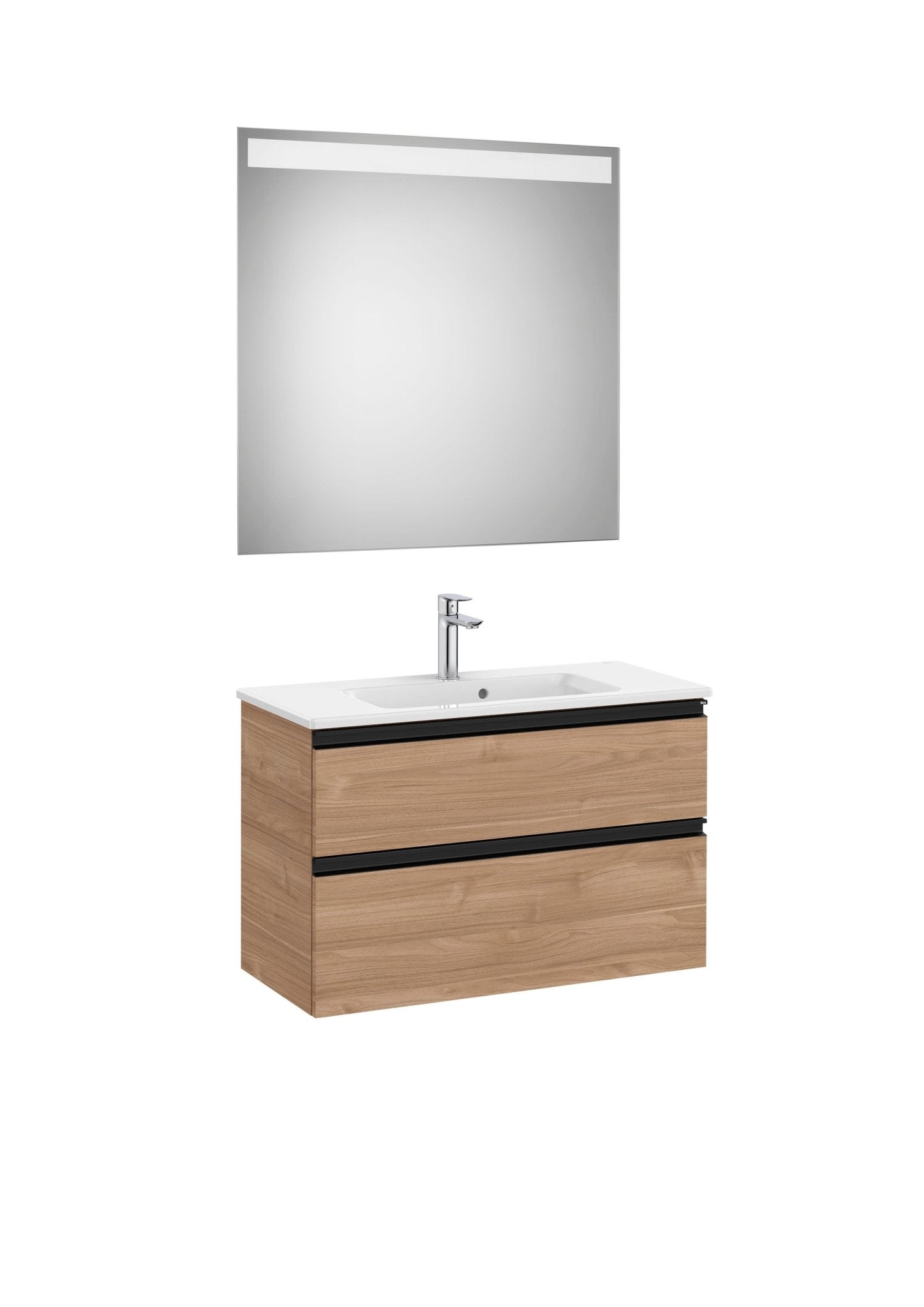 Roca - Mueble base The Gap Pack compacto de dos cajones, lavabo centrado y espejo LED Eidos - BricoandPool
