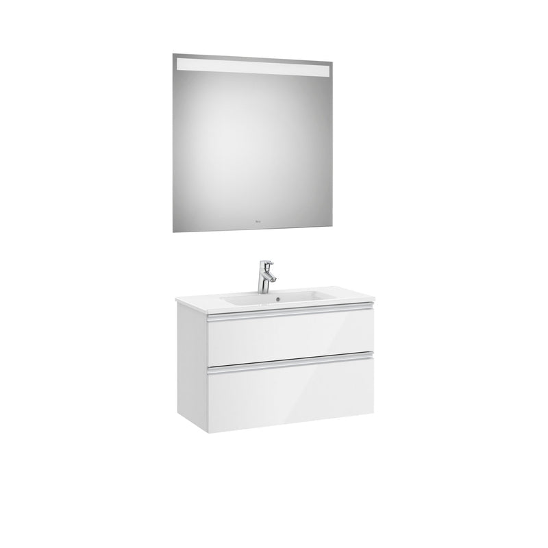 Roca - Mueble base The Gap Pack compacto de dos cajones, lavabo centrado y espejo LED Eidos Color Blanco Brillo - BricoandPool