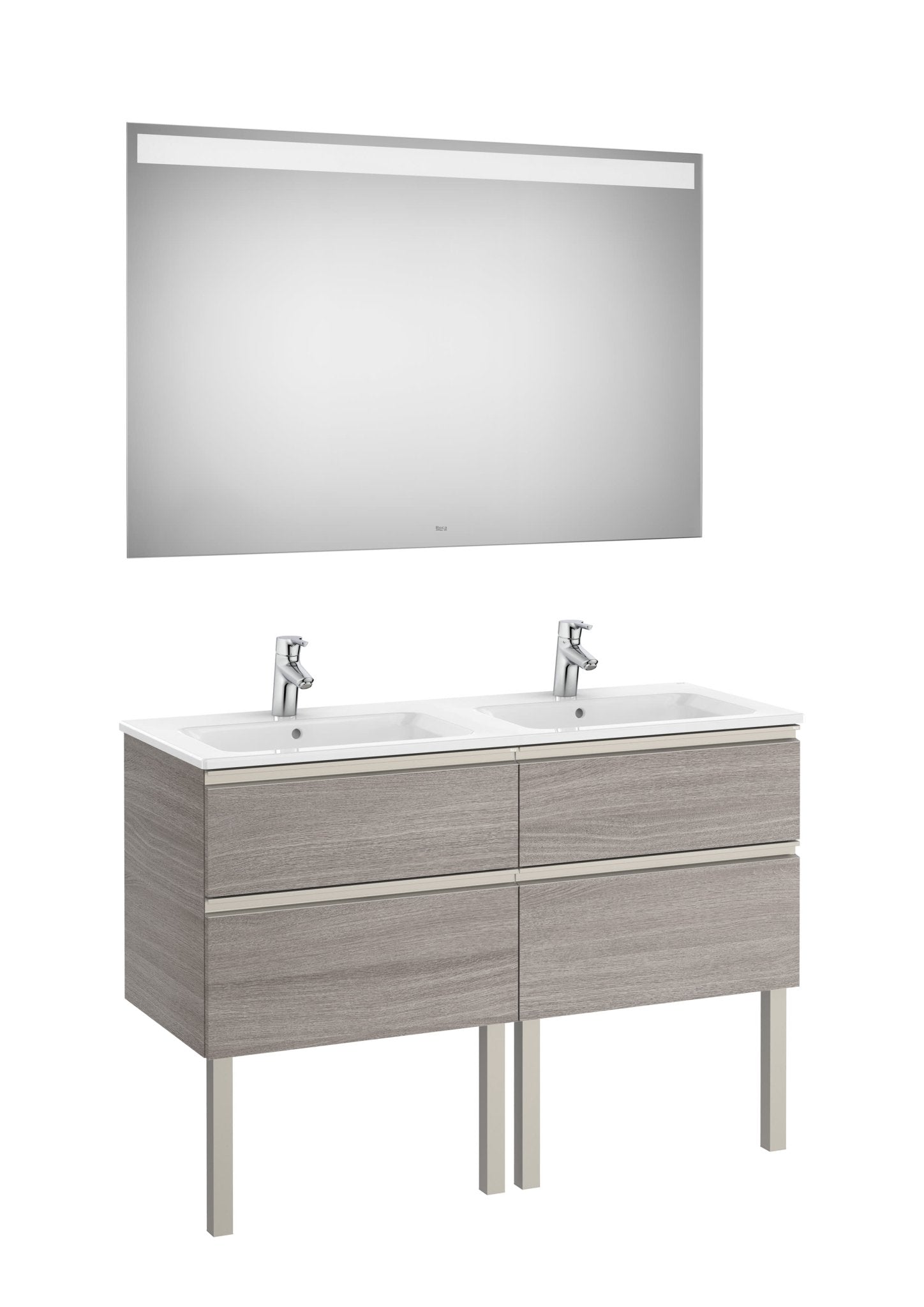 Roca - Mueble base The Gap Pack de cuatro cajones, lavabo doble y espejo LED Eidos - BricoandPool