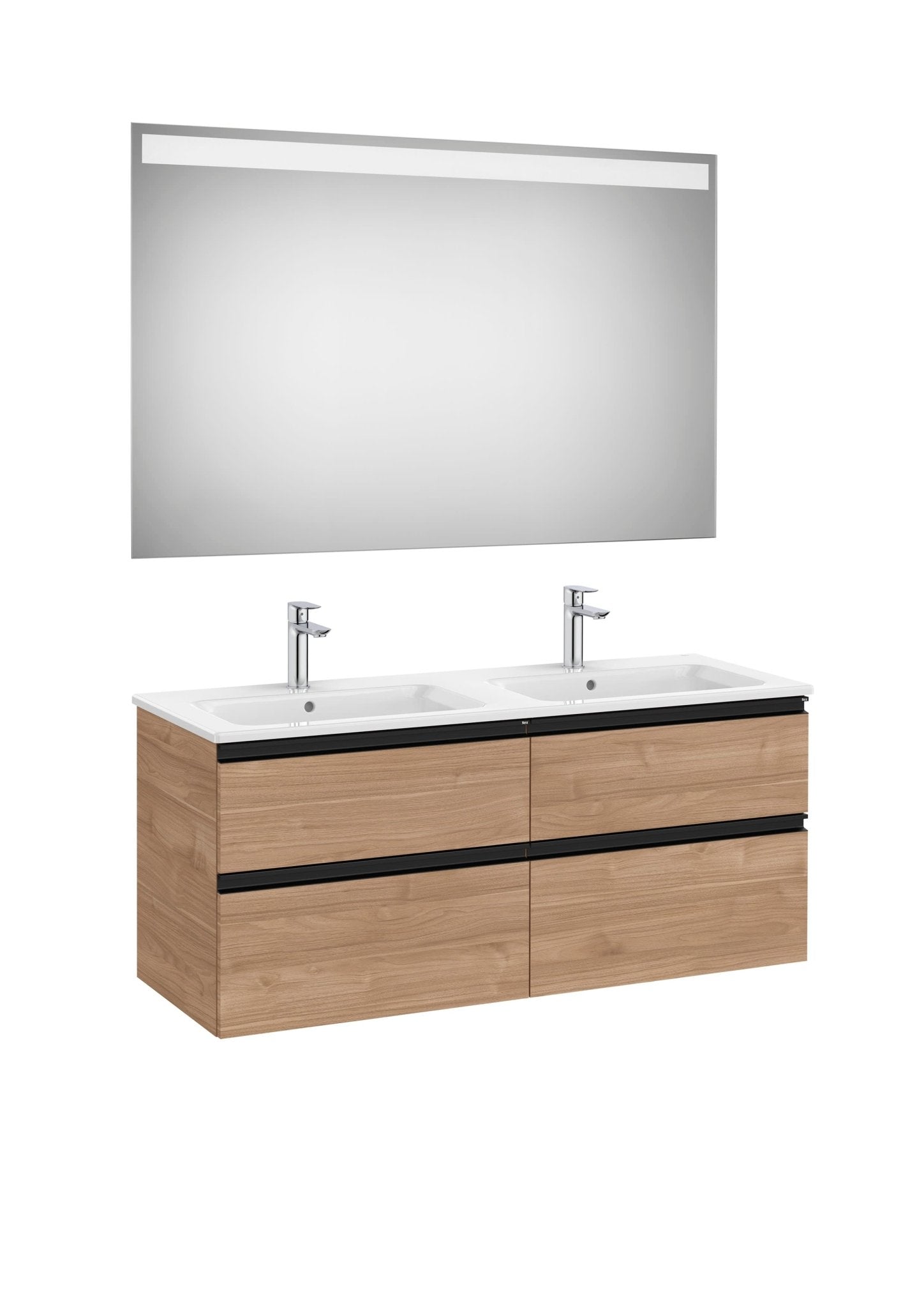 Roca - Mueble base The Gap Pack de cuatro cajones, lavabo doble y espejo LED Eidos - BricoandPool