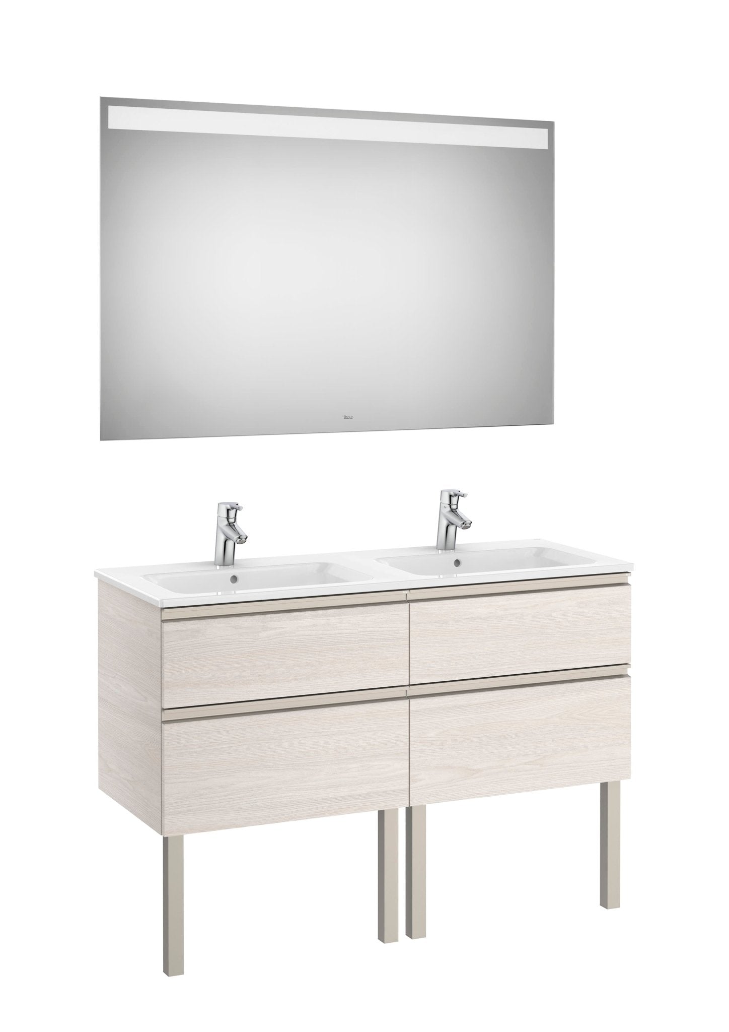 Roca - Mueble base The Gap Pack de cuatro cajones, lavabo doble y espejo LED Eidos - BricoandPool