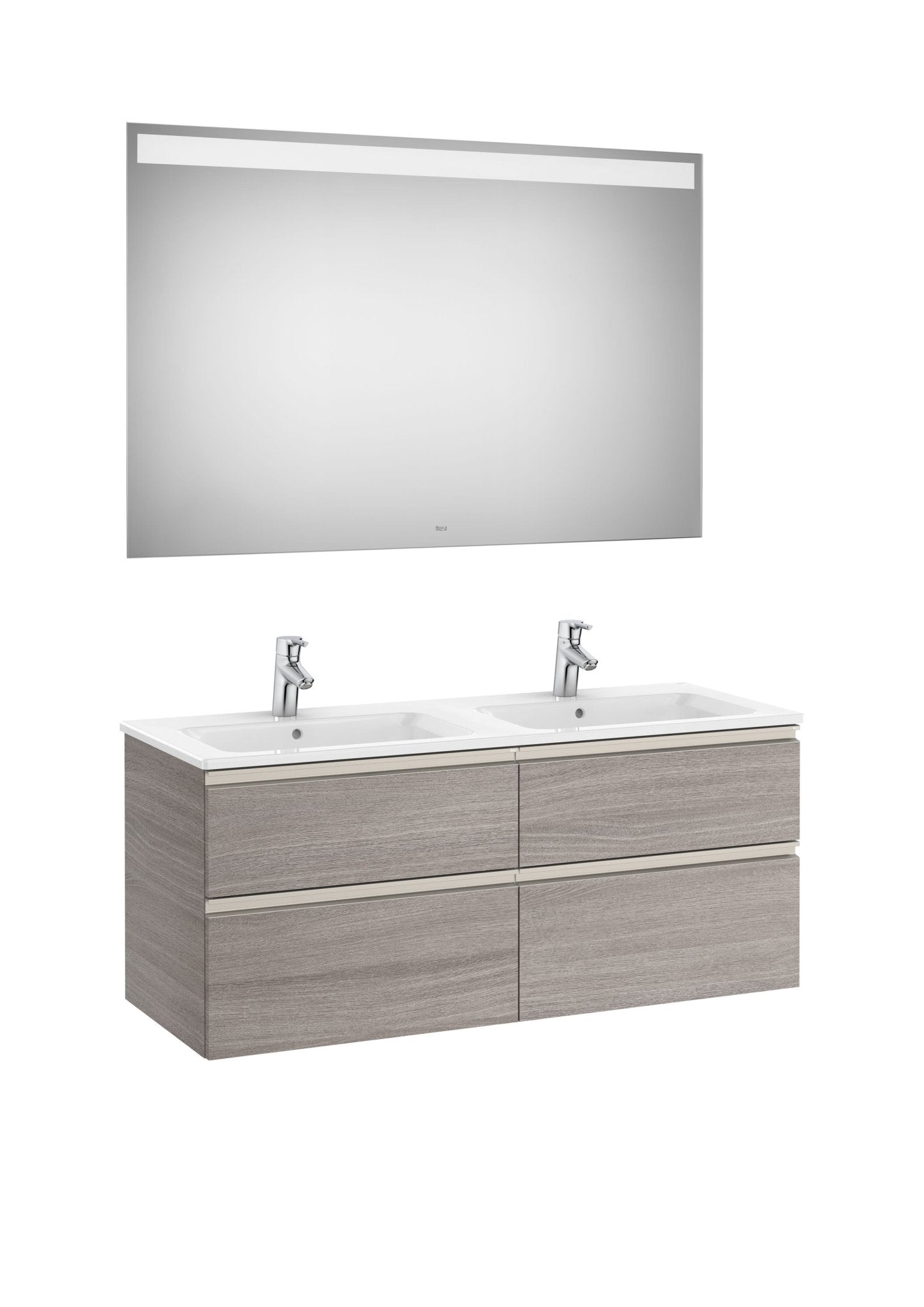 Roca - Mueble base The Gap Pack de cuatro cajones, lavabo doble y espejo LED Eidos - BricoandPool