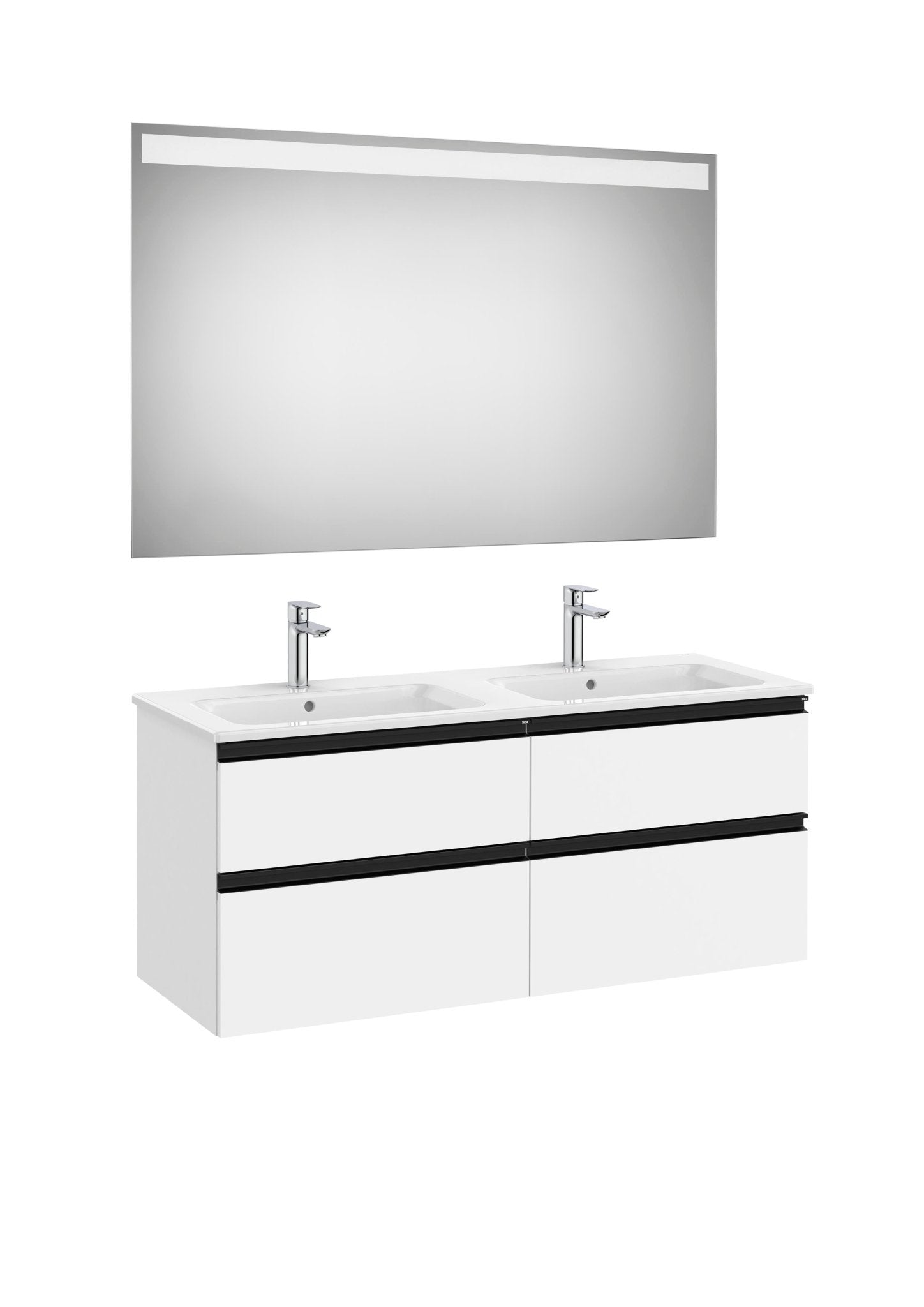 Roca - Mueble base The Gap Pack de cuatro cajones, lavabo doble y espejo LED Eidos - BricoandPool