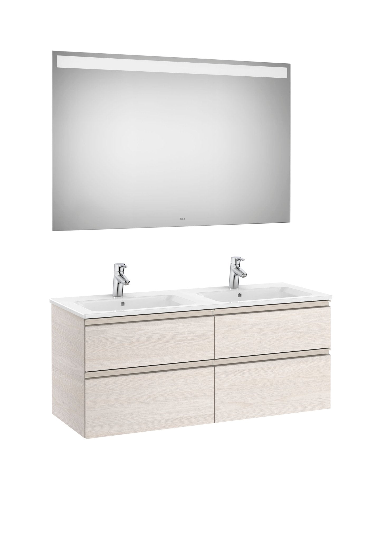 Roca - Mueble base The Gap Pack de cuatro cajones, lavabo doble y espejo LED Eidos - BricoandPool