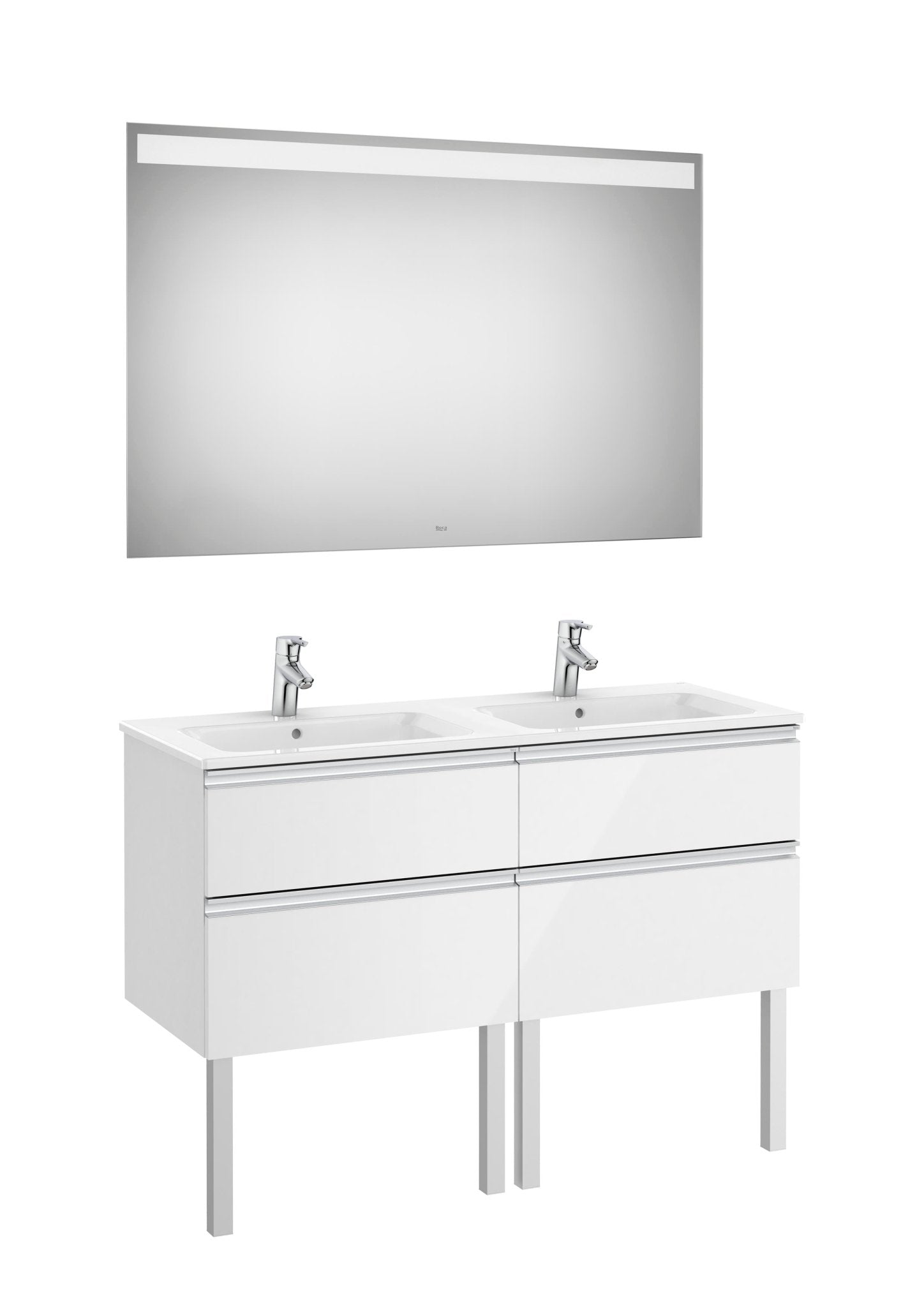 Roca - Mueble base The Gap Pack de cuatro cajones, lavabo doble y espejo LED Eidos - BricoandPool