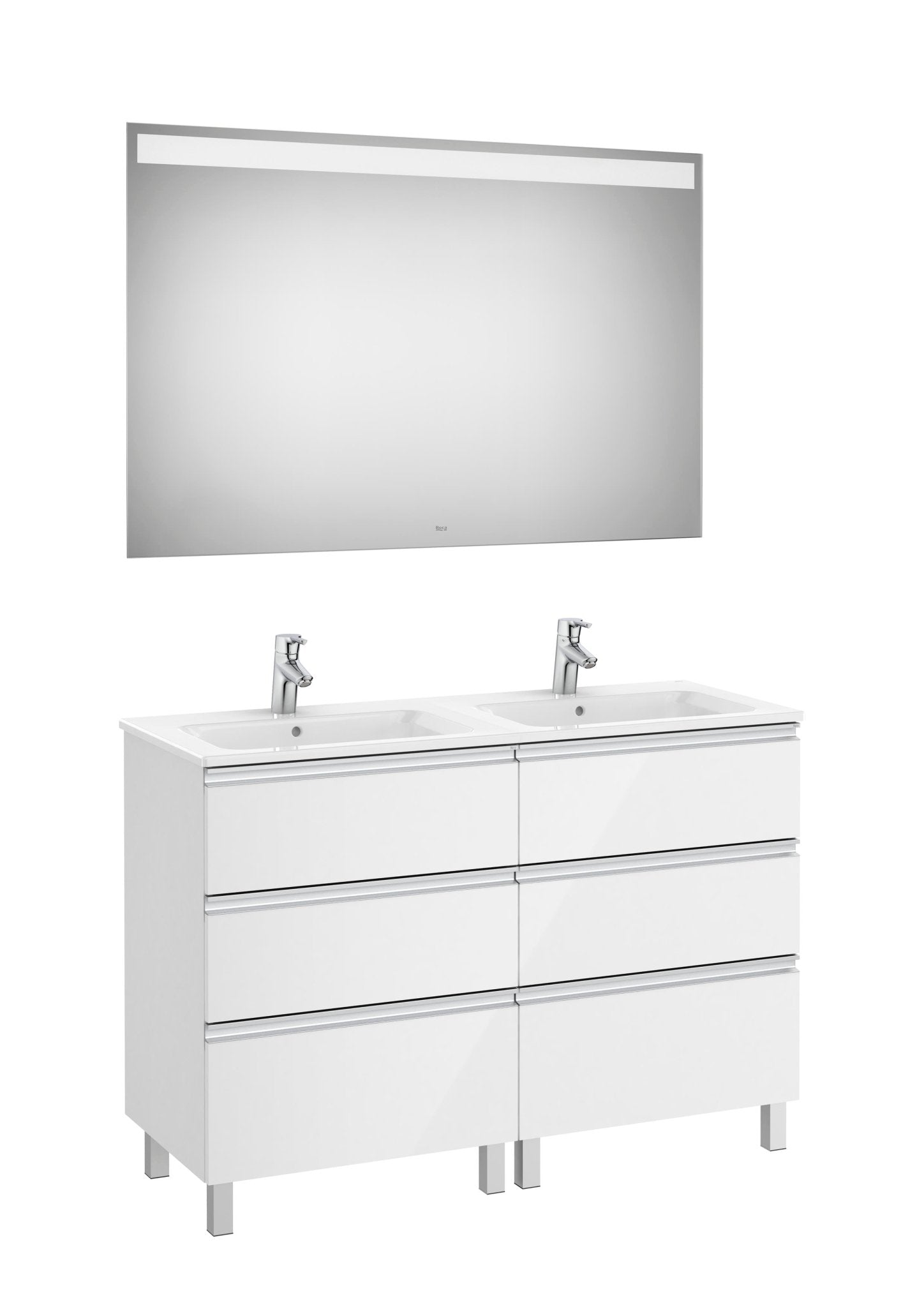 Roca - Mueble base The Gap Pack de seis cajones, lavabo doble y espejo LED Eidos - BricoandPool