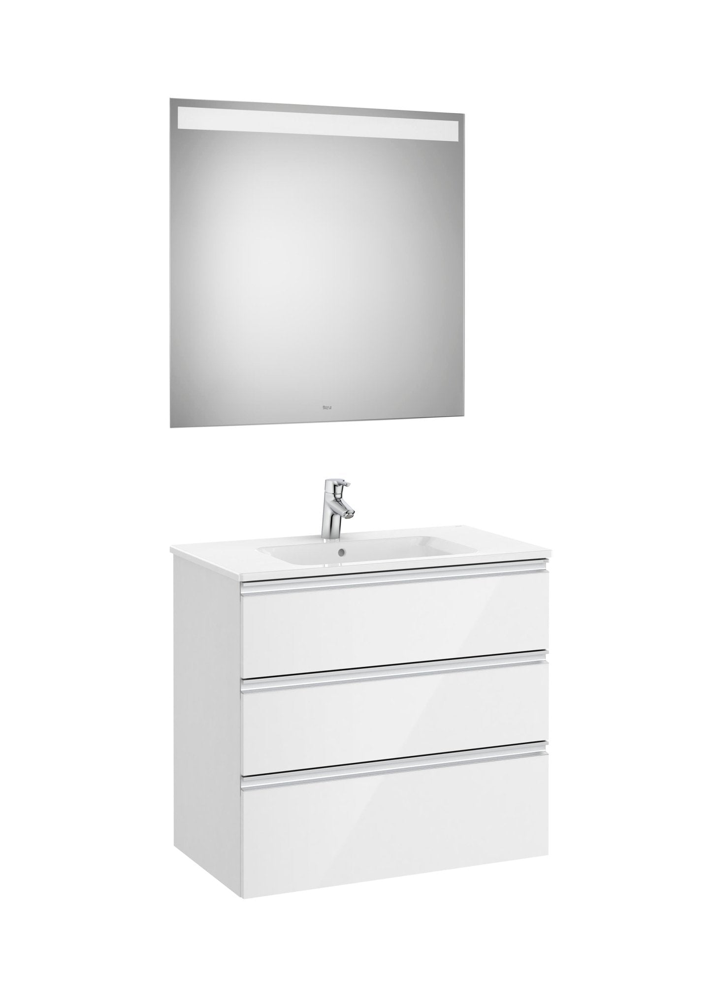 Roca - Mueble base The Gap Pack de tres cajones, lavabo centrado y espejo LED Eidos - BricoandPool