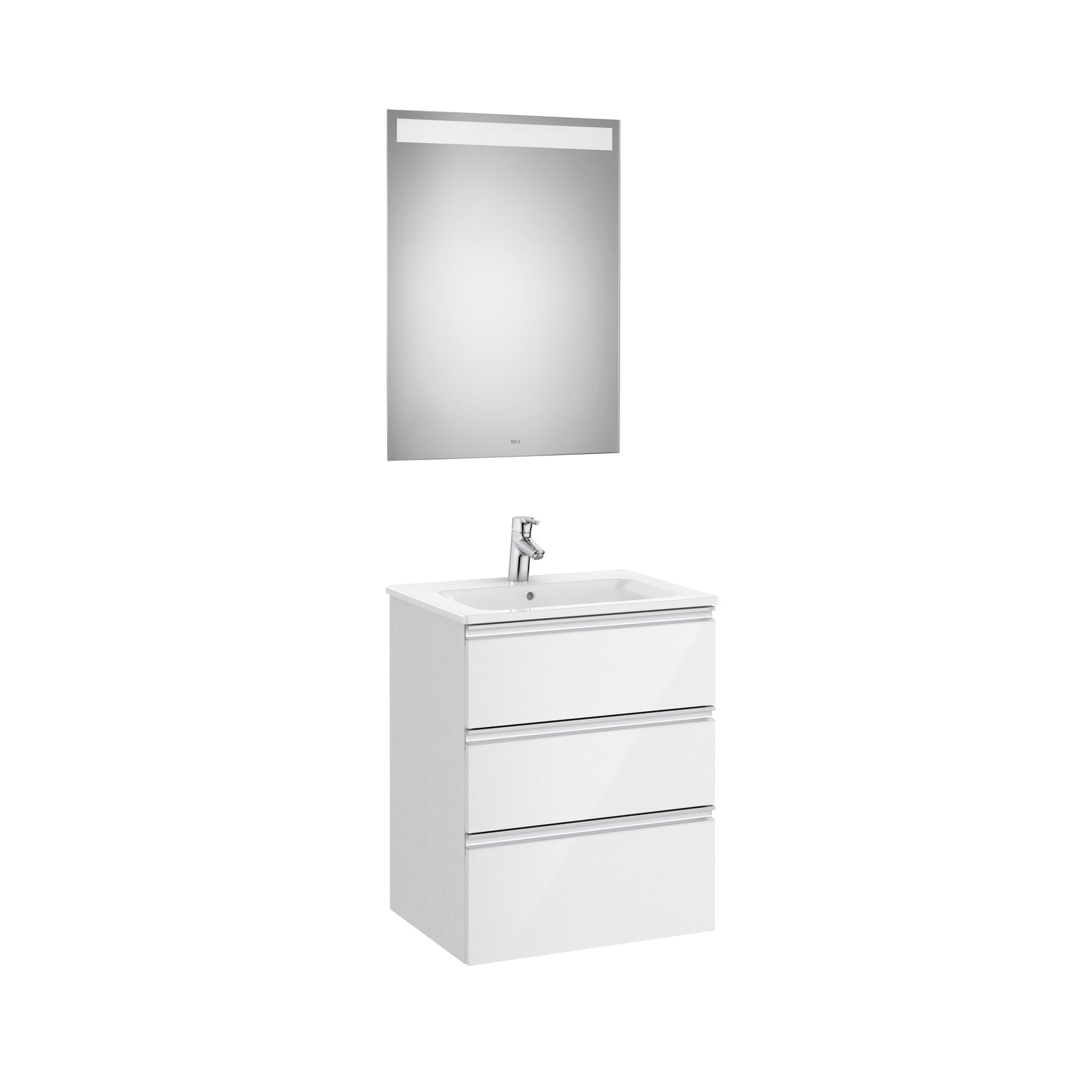 Roca - Mueble base The Gap Pack de tres cajones, lavabo centrado y espejo LED Eidos - BricoandPool