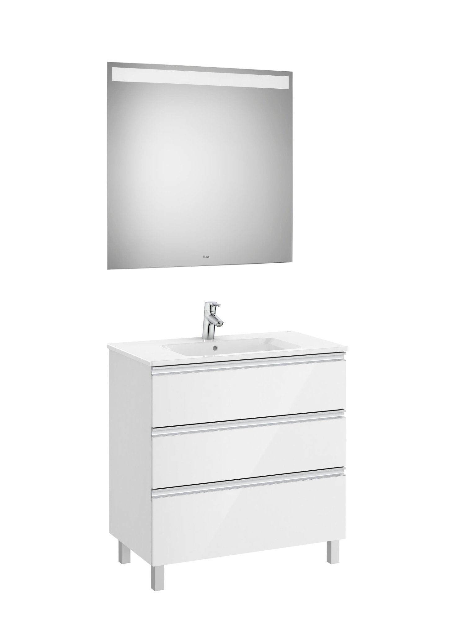 Roca - Mueble base The Gap Pack de tres cajones, lavabo centrado y espejo LED Eidos - BricoandPool