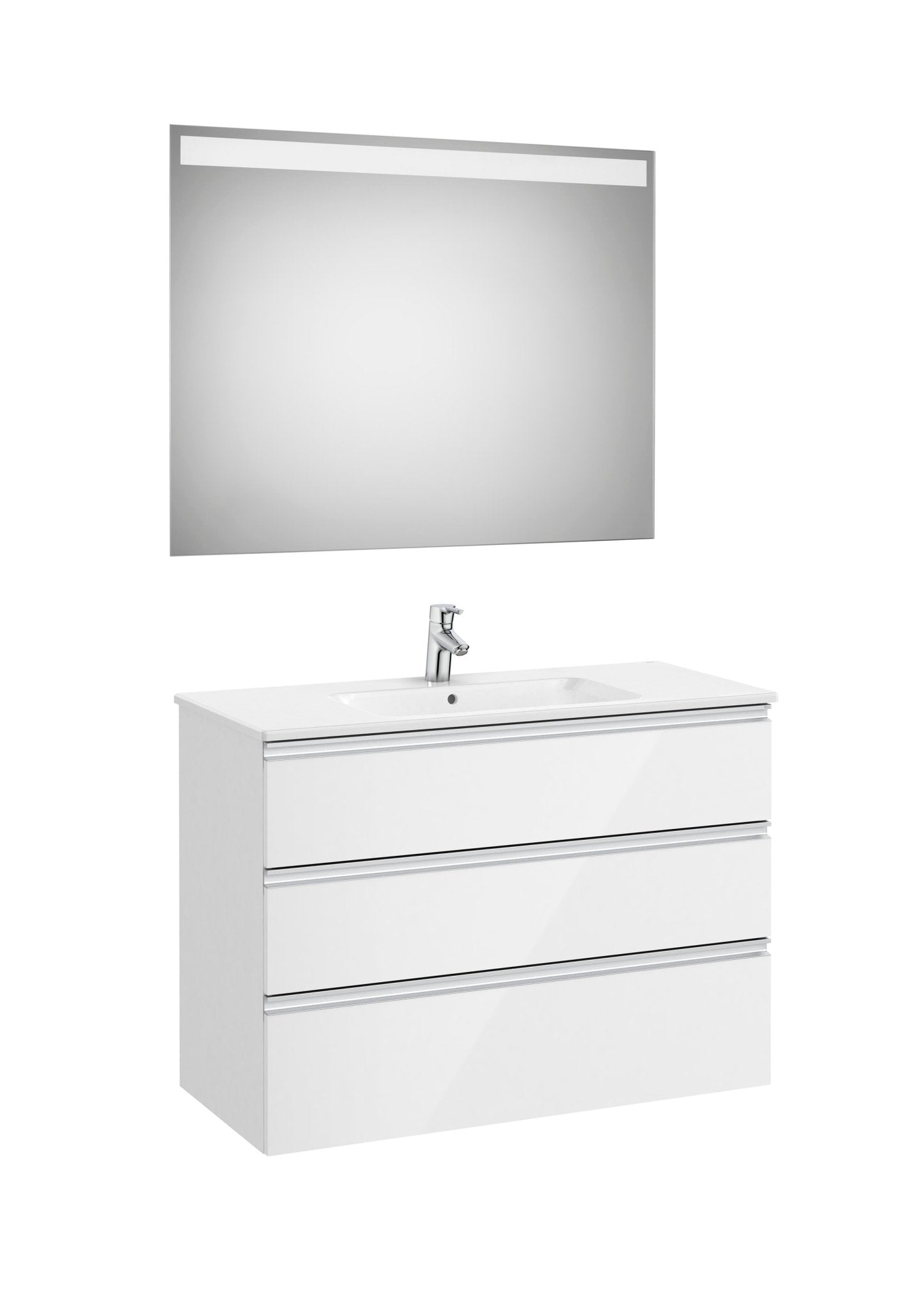 Roca - Mueble base The Gap Pack de tres cajones, lavabo centrado y espejo LED Eidos - BricoandPool