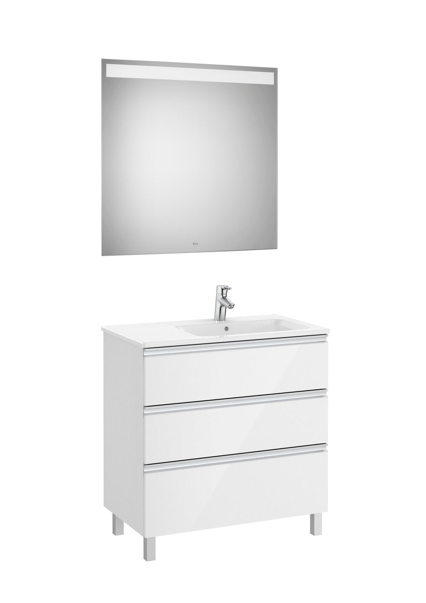 Roca - Mueble base The Gap Pack de tres cajones, lavabo centrado y espejo LED Eidos - BricoandPool