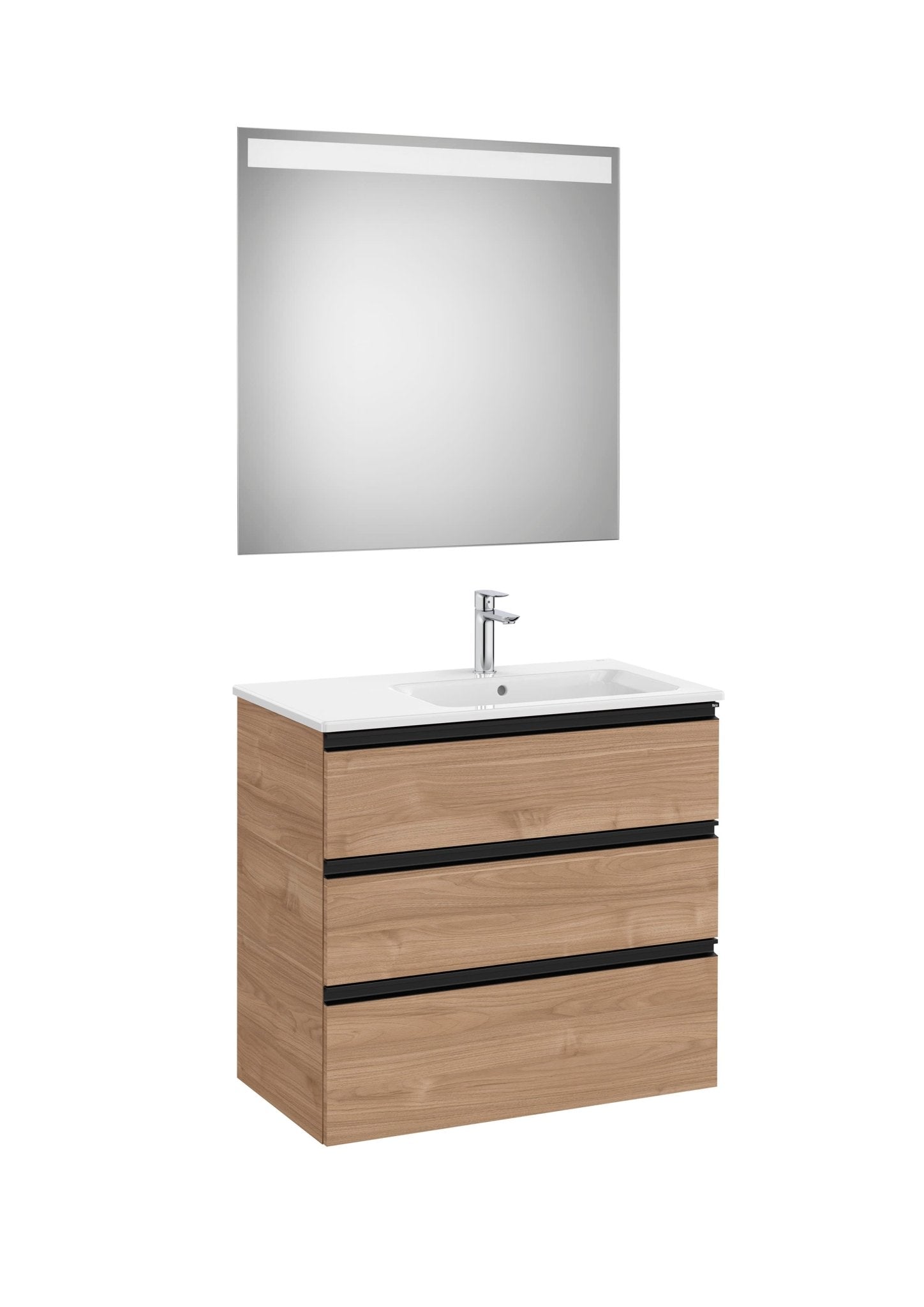 Roca - Mueble base The Gap Pack de tres cajones, lavabo centrado y espejo LED Eidos - BricoandPool