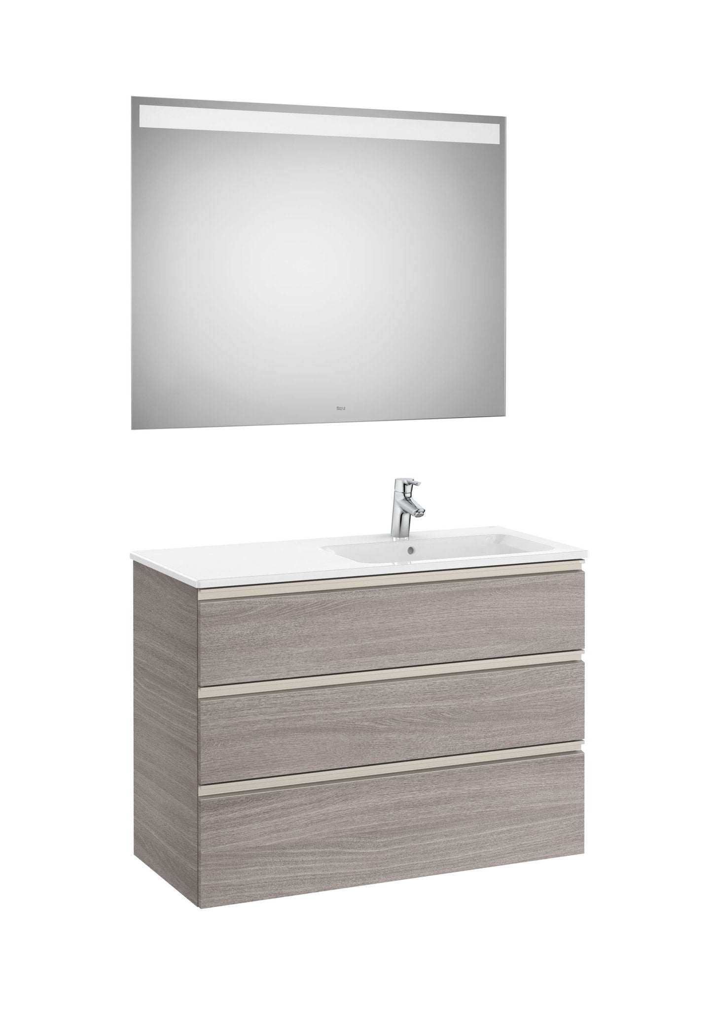 Roca - Mueble base The Gap Pack de tres cajones, lavabo centrado y espejo LED Eidos - BricoandPool