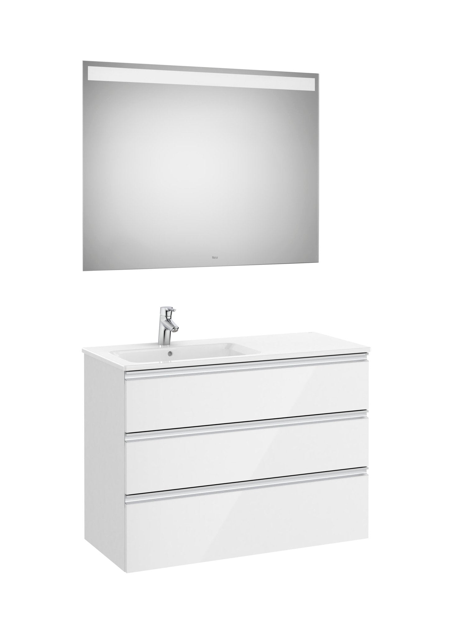 Roca - Mueble base The Gap Pack de tres cajones, lavabo centrado y espejo LED Eidos - BricoandPool