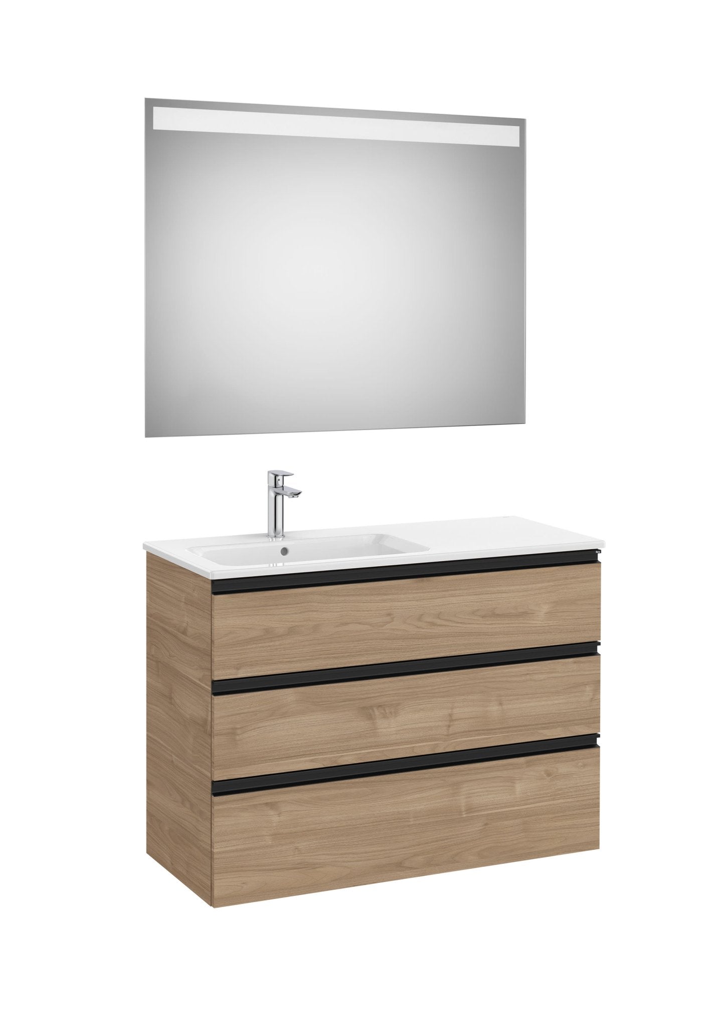 Roca - Mueble base The Gap Pack de tres cajones, lavabo centrado y espejo LED Eidos - BricoandPool
