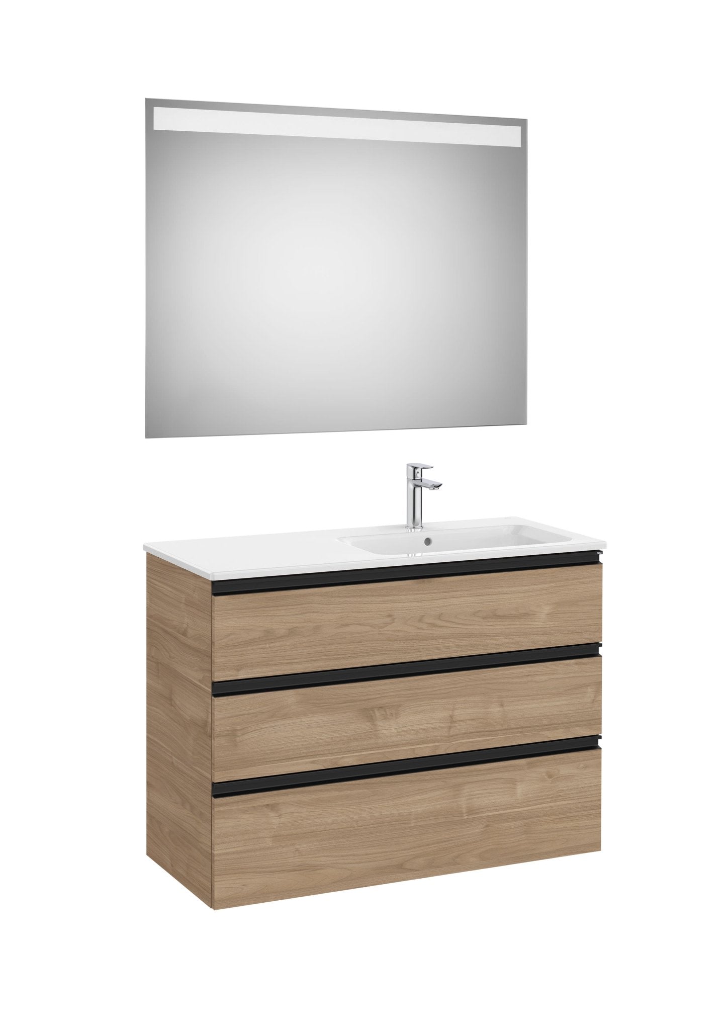 Roca - Mueble base The Gap Pack de tres cajones, lavabo centrado y espejo LED Eidos - BricoandPool