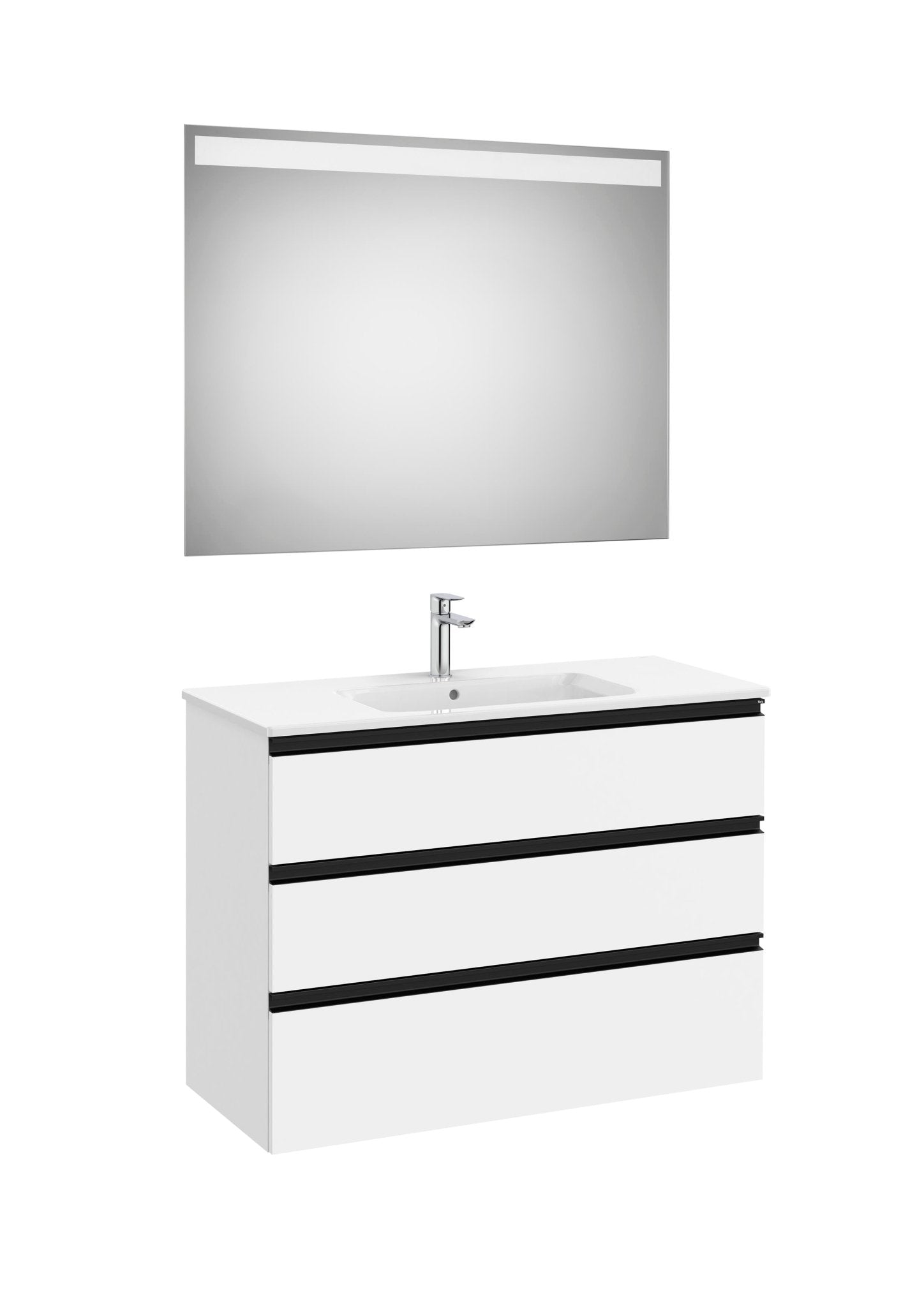 Roca - Mueble base The Gap Pack de tres cajones, lavabo centrado y espejo LED Eidos - BricoandPool