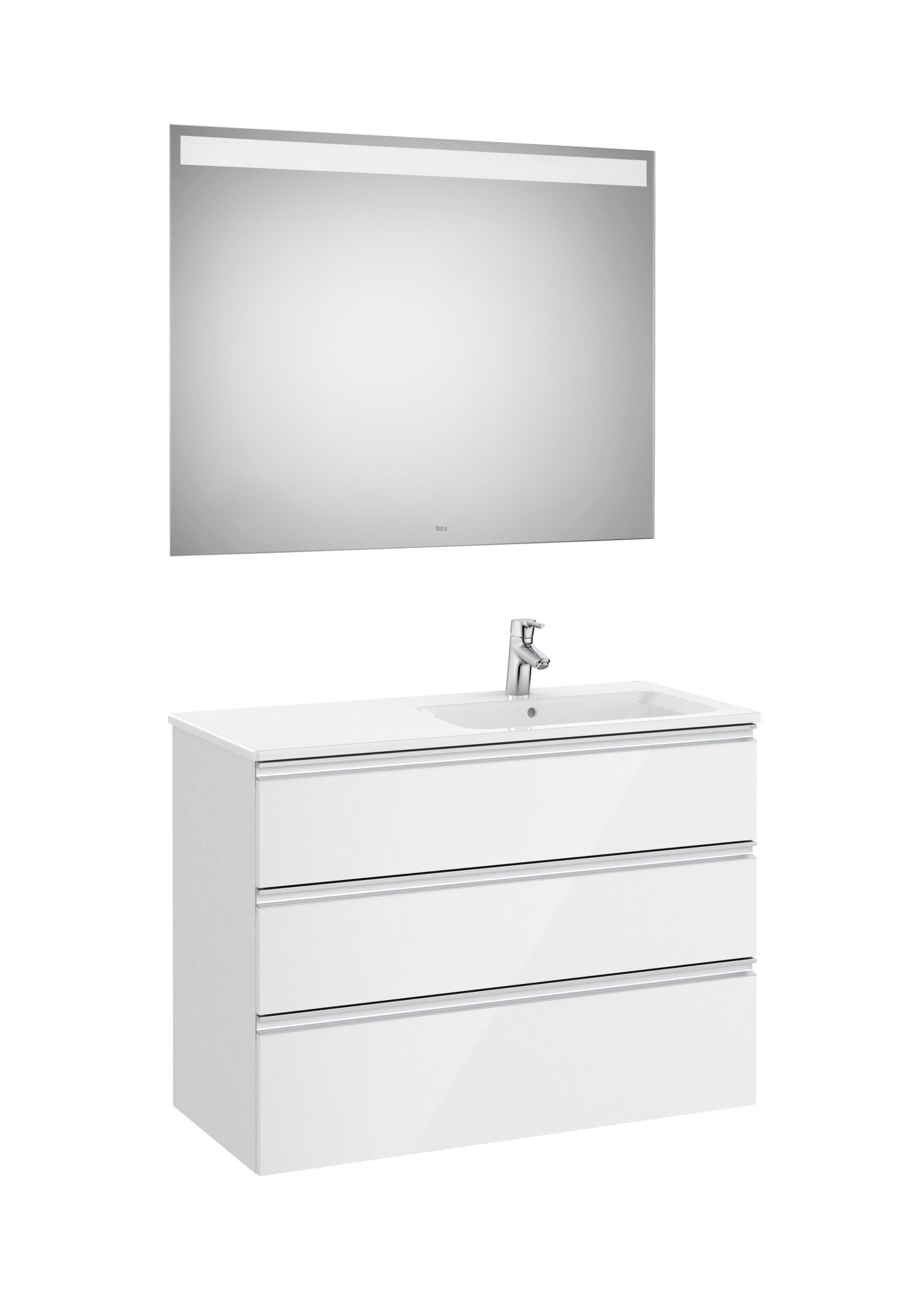 Roca - Mueble base The Gap Pack de tres cajones, lavabo centrado y espejo LED Eidos - BricoandPool