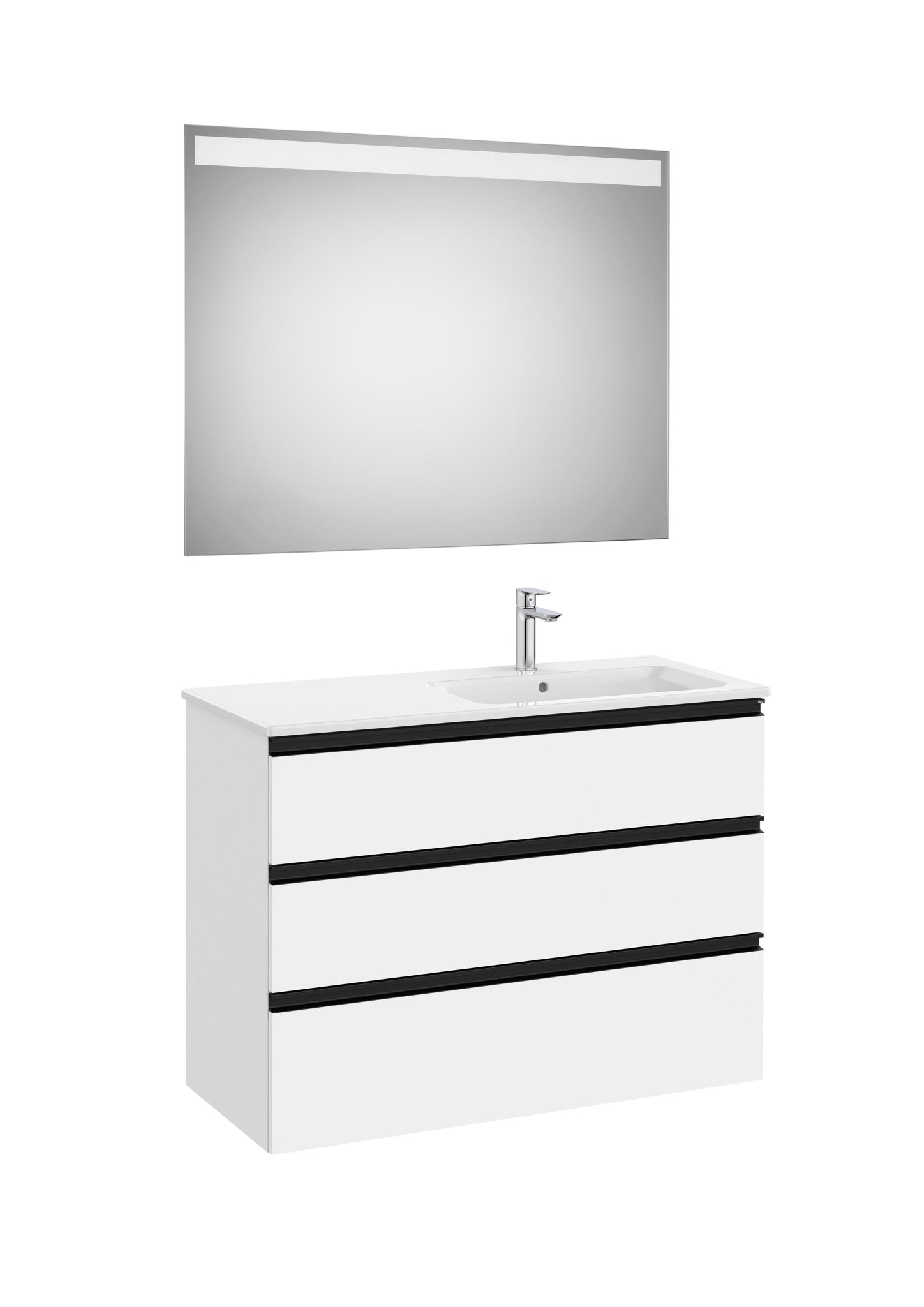 Roca - Mueble base The Gap Pack de tres cajones, lavabo centrado y espejo LED Eidos - BricoandPool