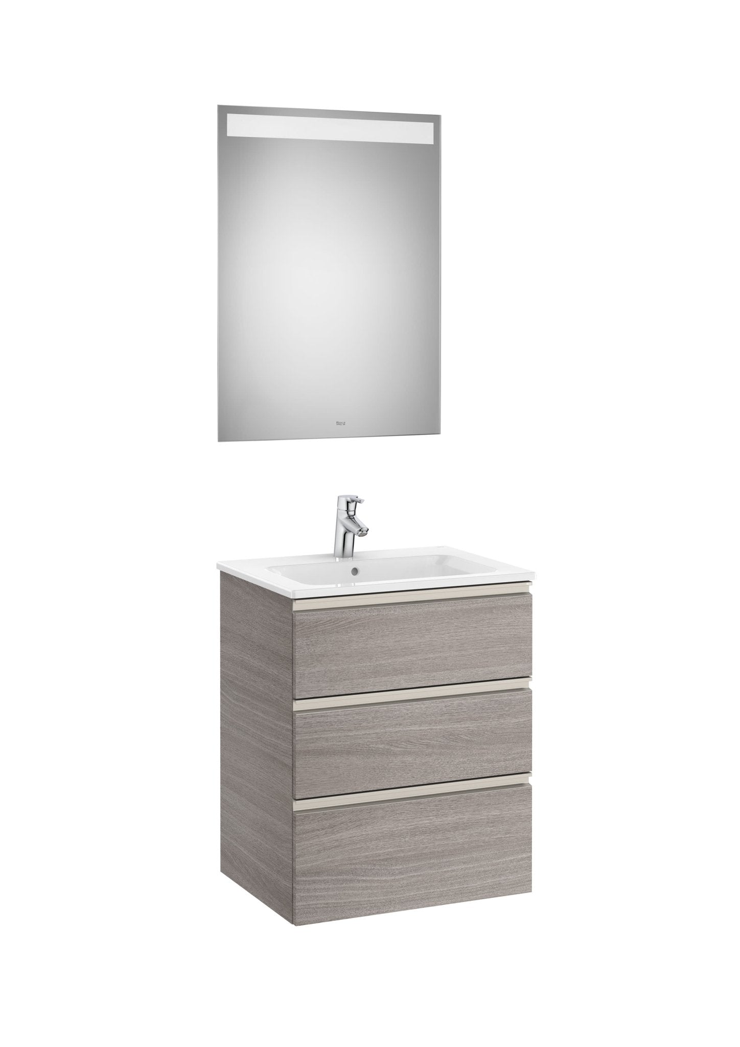 Roca - Mueble base The Gap Pack de tres cajones, lavabo centrado y espejo LED Eidos - BricoandPool