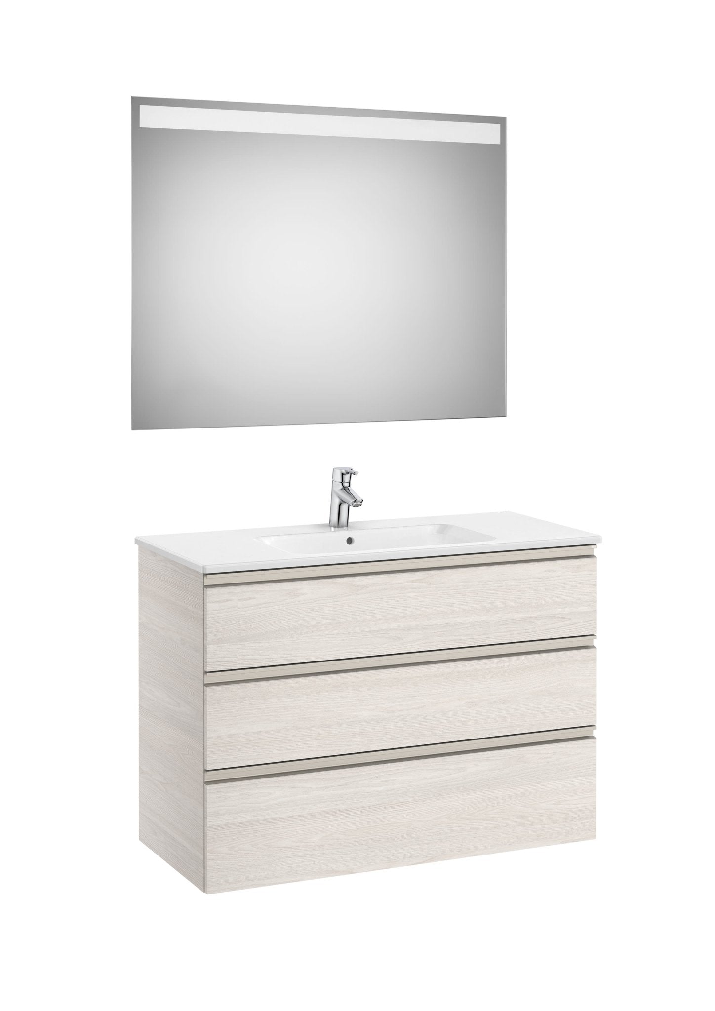 Roca - Mueble base The Gap Pack de tres cajones, lavabo centrado y espejo LED Eidos - BricoandPool