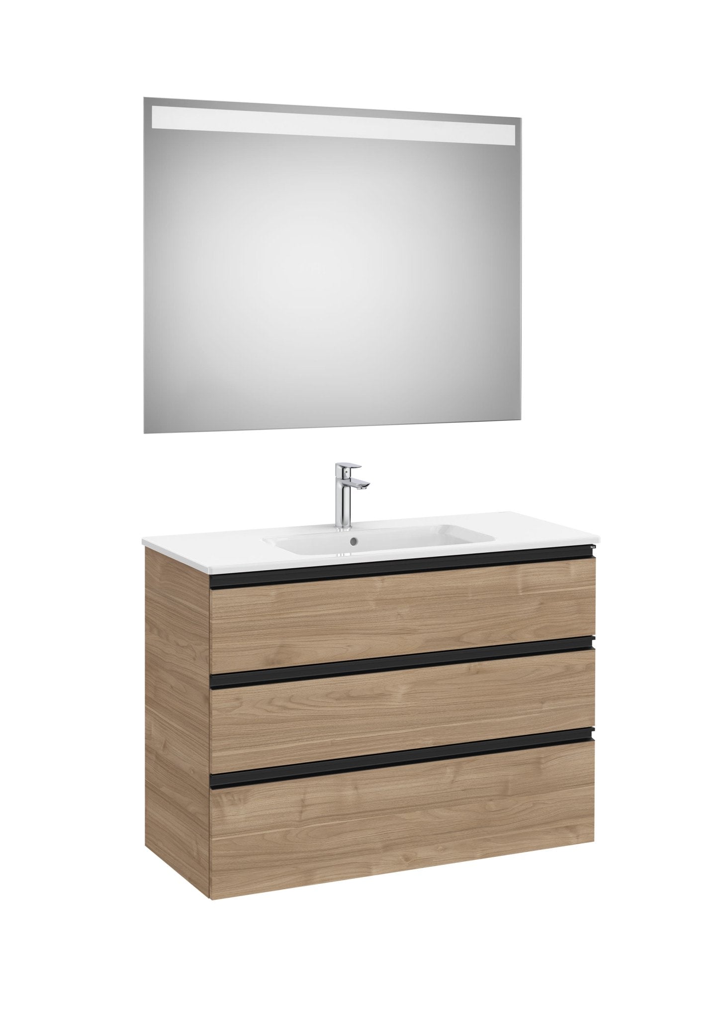 Roca - Mueble base The Gap Pack de tres cajones, lavabo centrado y espejo LED Eidos - BricoandPool