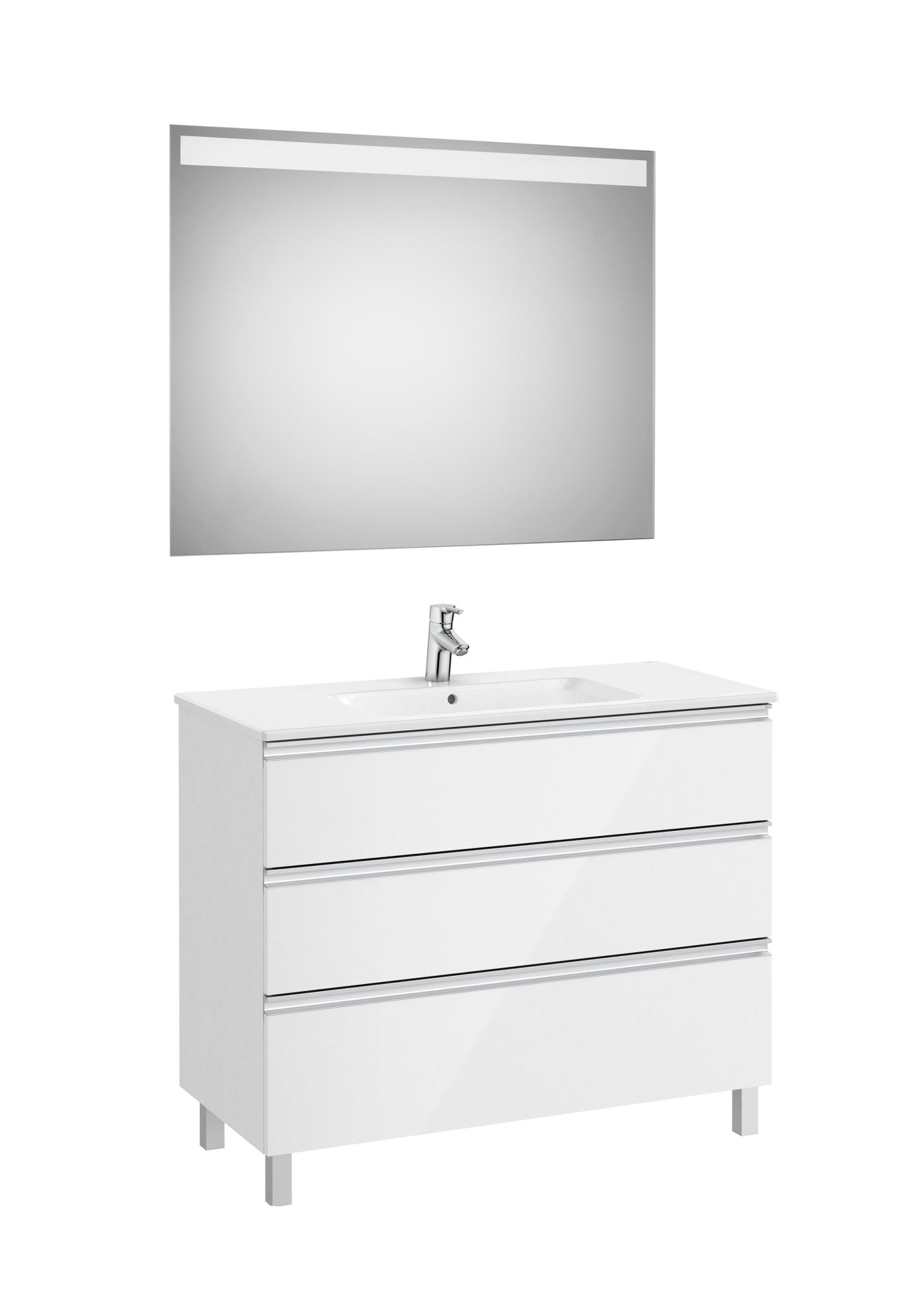 Roca - Mueble base The Gap Pack de tres cajones, lavabo centrado y espejo LED Eidos - BricoandPool