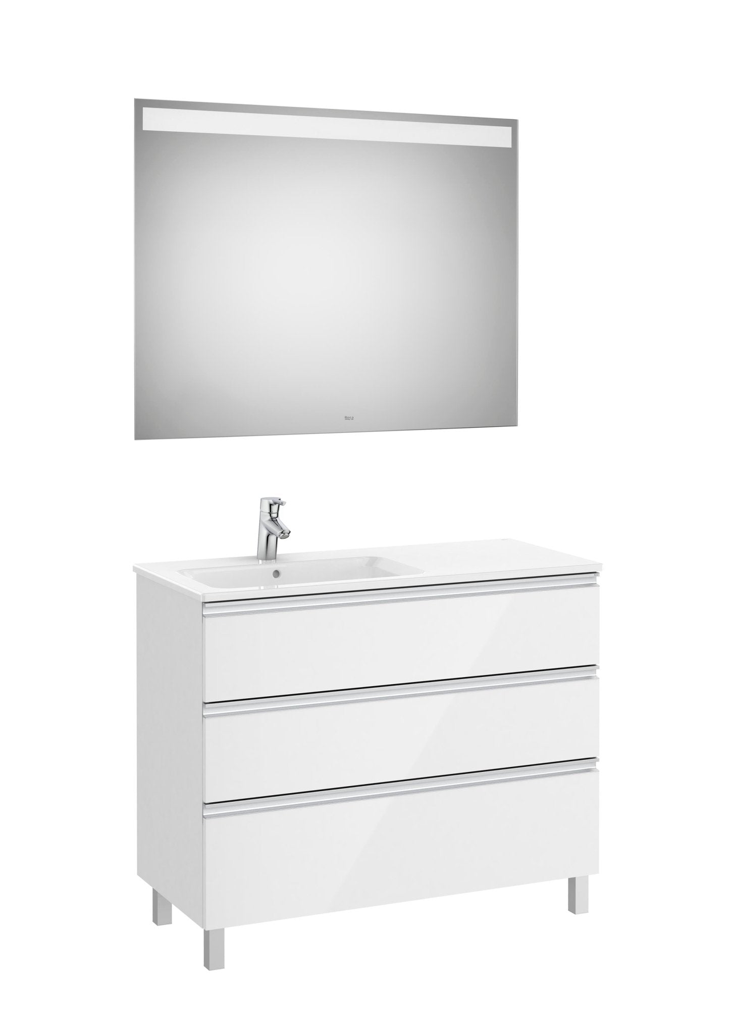 Roca - Mueble base The Gap Pack de tres cajones, lavabo centrado y espejo LED Eidos - BricoandPool