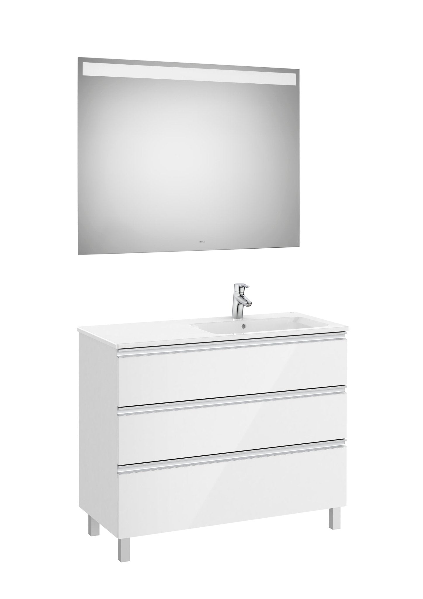 Roca - Mueble base The Gap Pack de tres cajones, lavabo centrado y espejo LED Eidos - BricoandPool