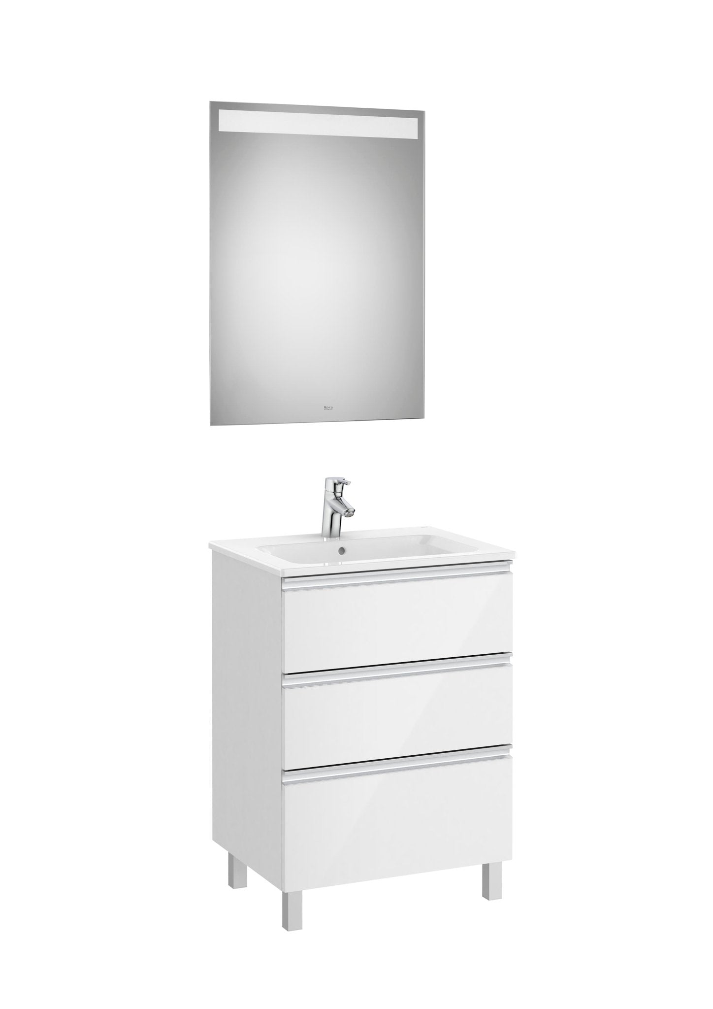 Roca - Mueble base The Gap Pack de tres cajones, lavabo centrado y espejo LED Eidos - BricoandPool