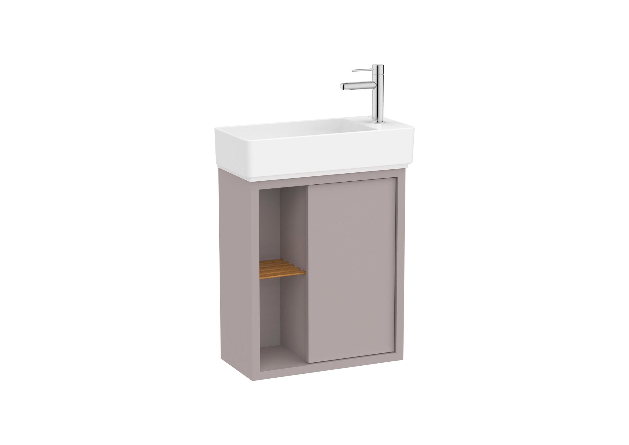 Roca - Mueble base Tura Unik asimétrico compacto de una puerta, estante lateral abierto y lavabo - BricoandPool