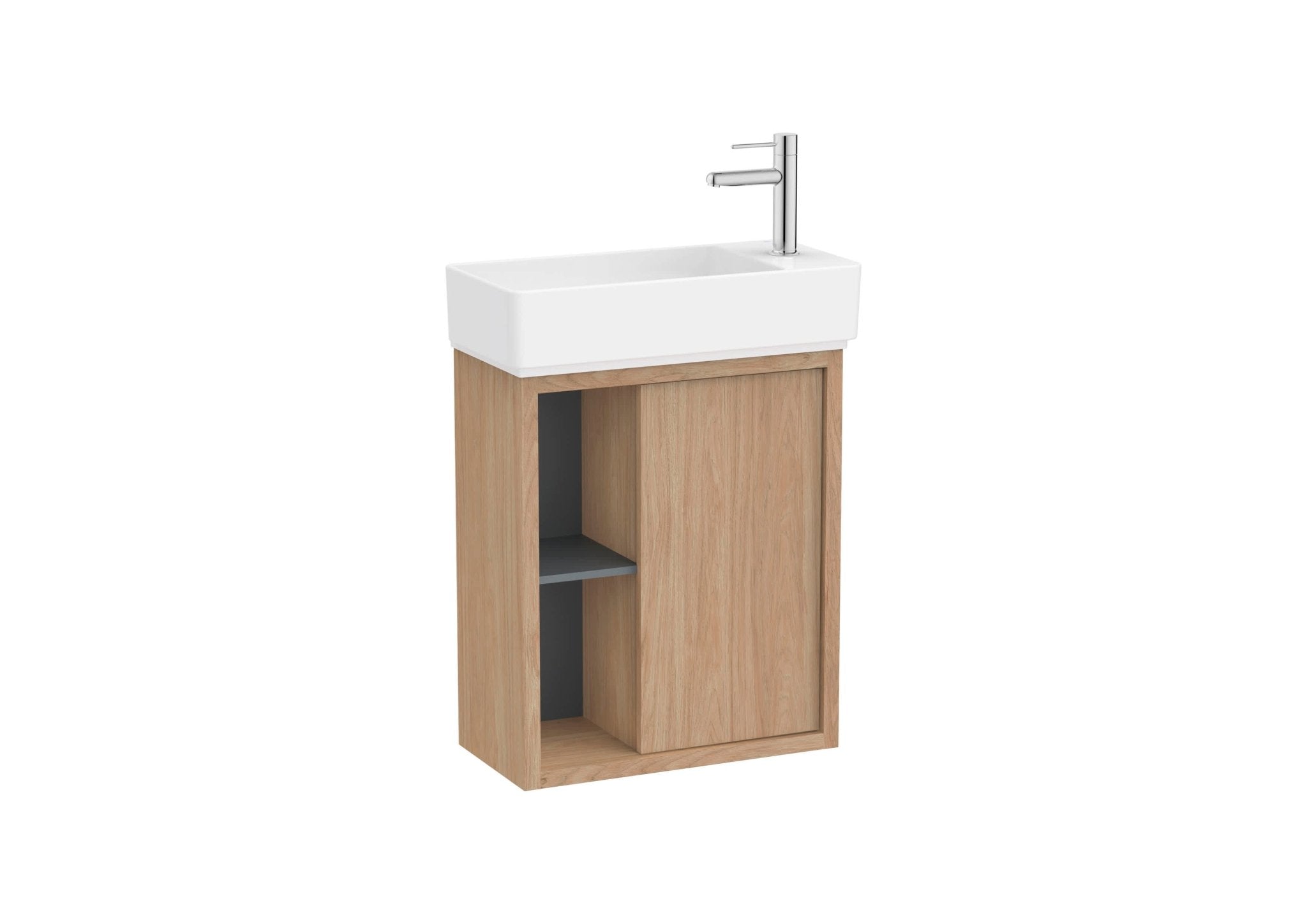 Roca - Mueble base Tura Unik asimétrico compacto de una puerta, estante lateral abierto y lavabo - BricoandPool