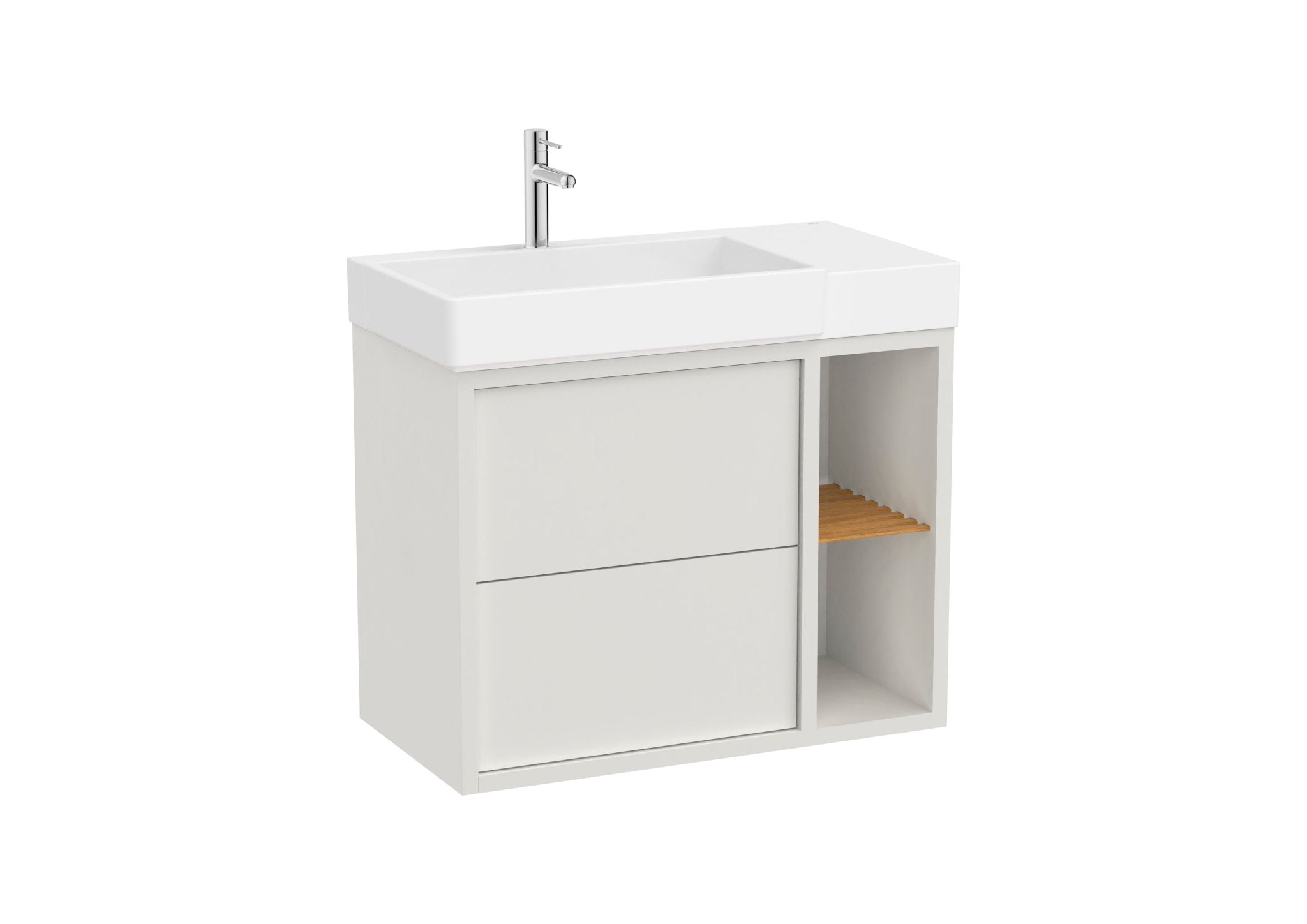 Roca - Mueble base Tura Unik asimétrico de dos cajones, estante lateral abierto y lavabo - BricoandPool