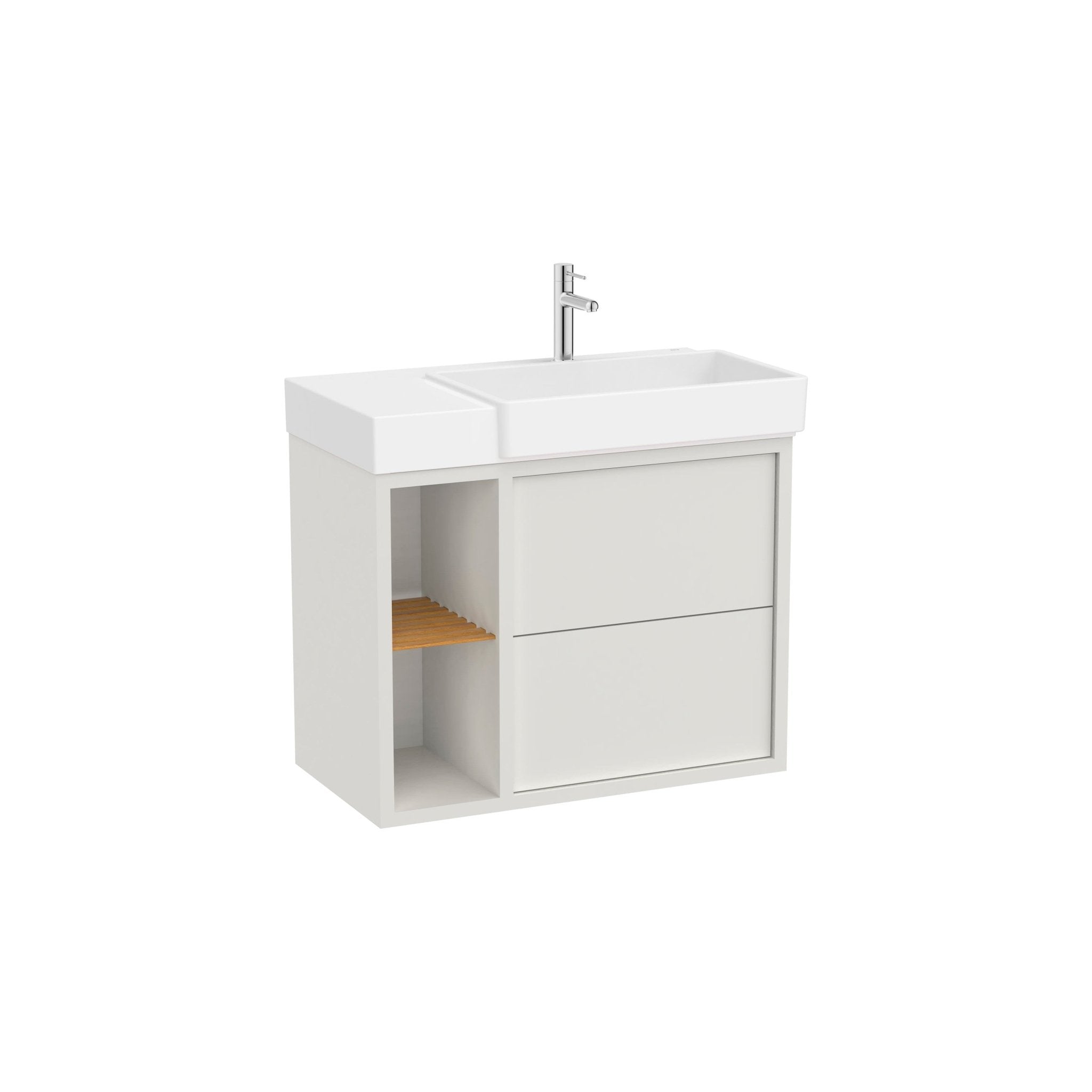Roca - Mueble base Tura Unik asimétrico de dos cajones, estante lateral abierto y lavabo - BricoandPool