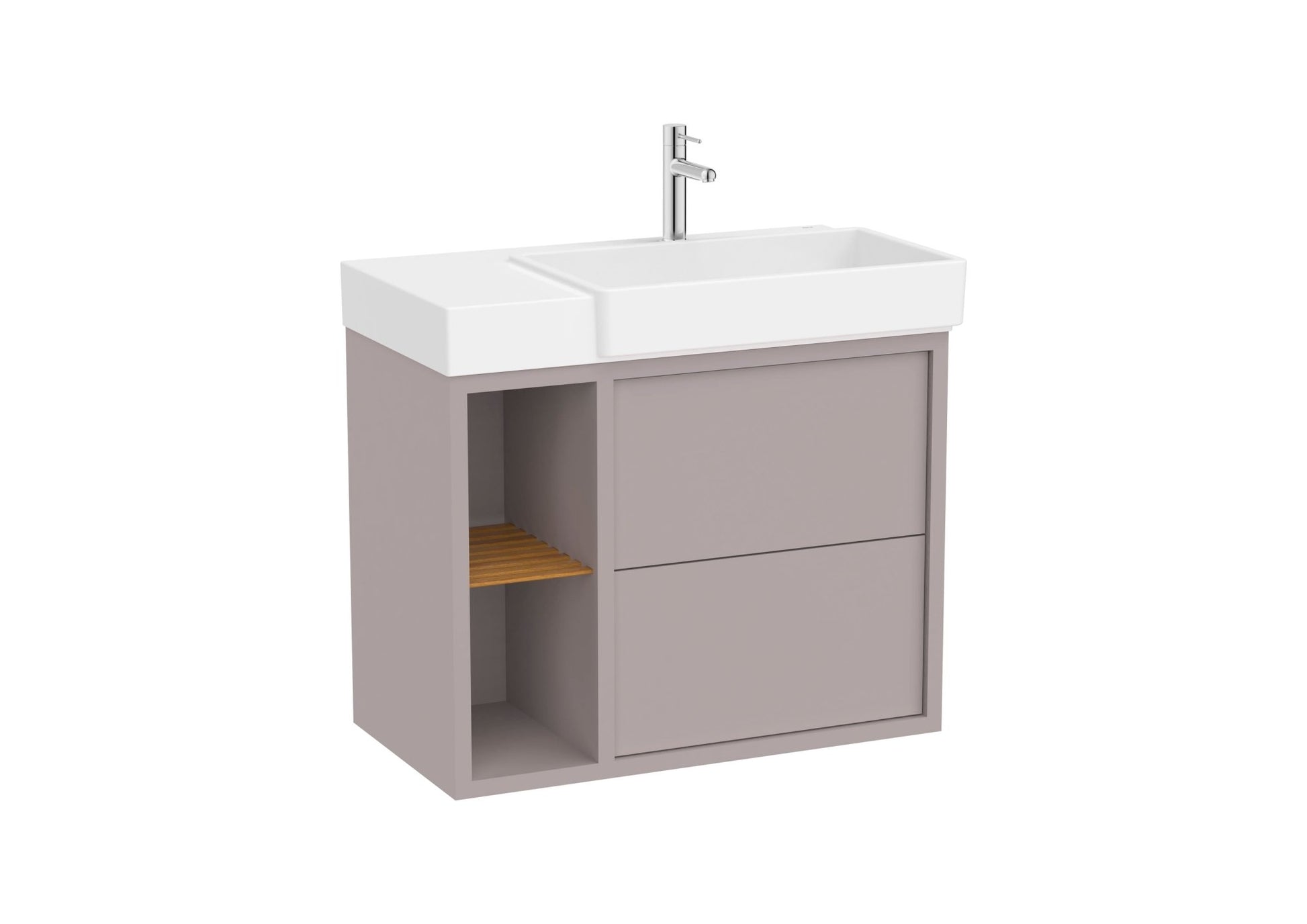 Roca - Mueble base Tura Unik asimétrico de dos cajones, estante lateral abierto y lavabo - BricoandPool