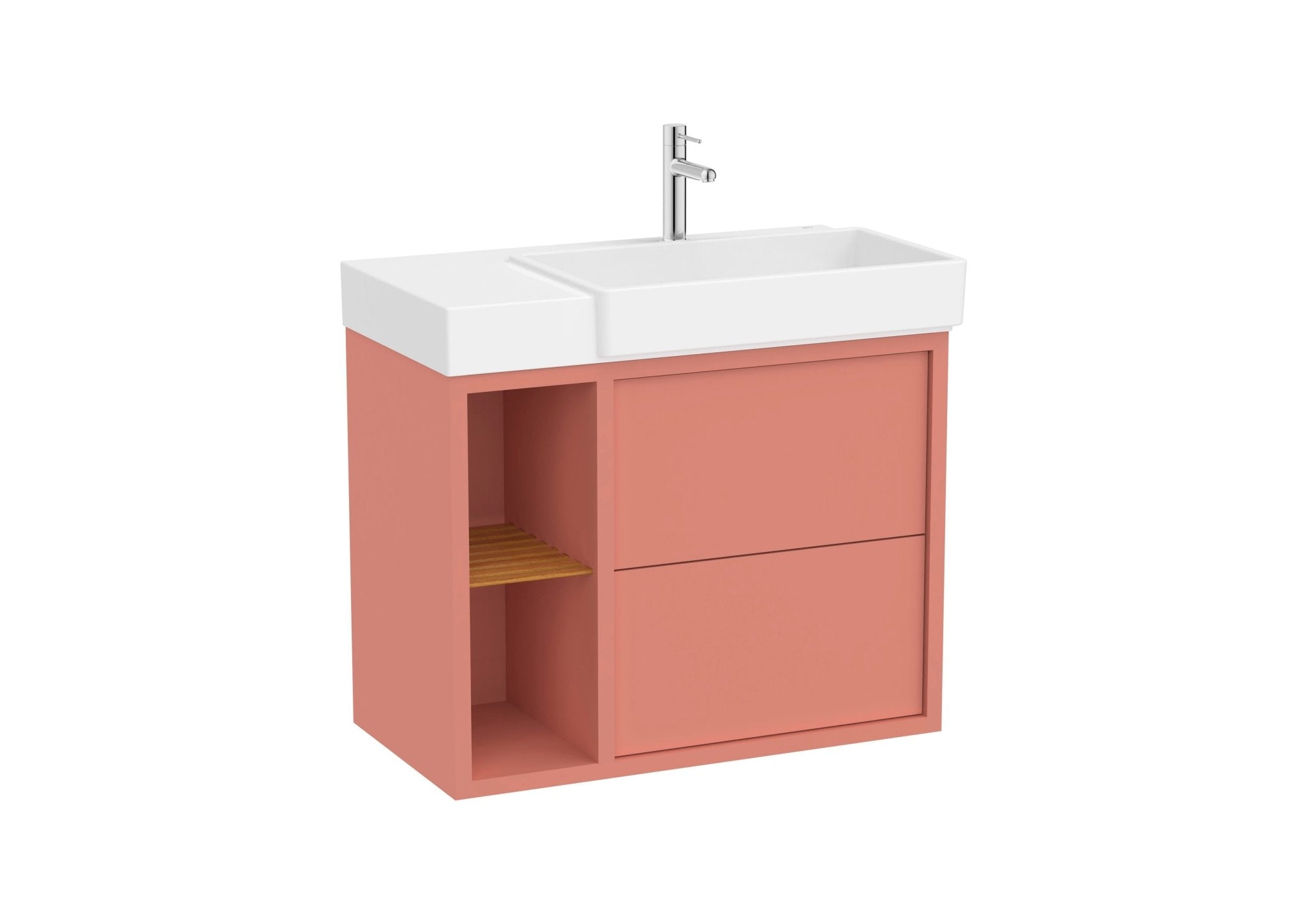 Roca - Mueble base Tura Unik asimétrico de dos cajones, estante lateral abierto y lavabo - BricoandPool