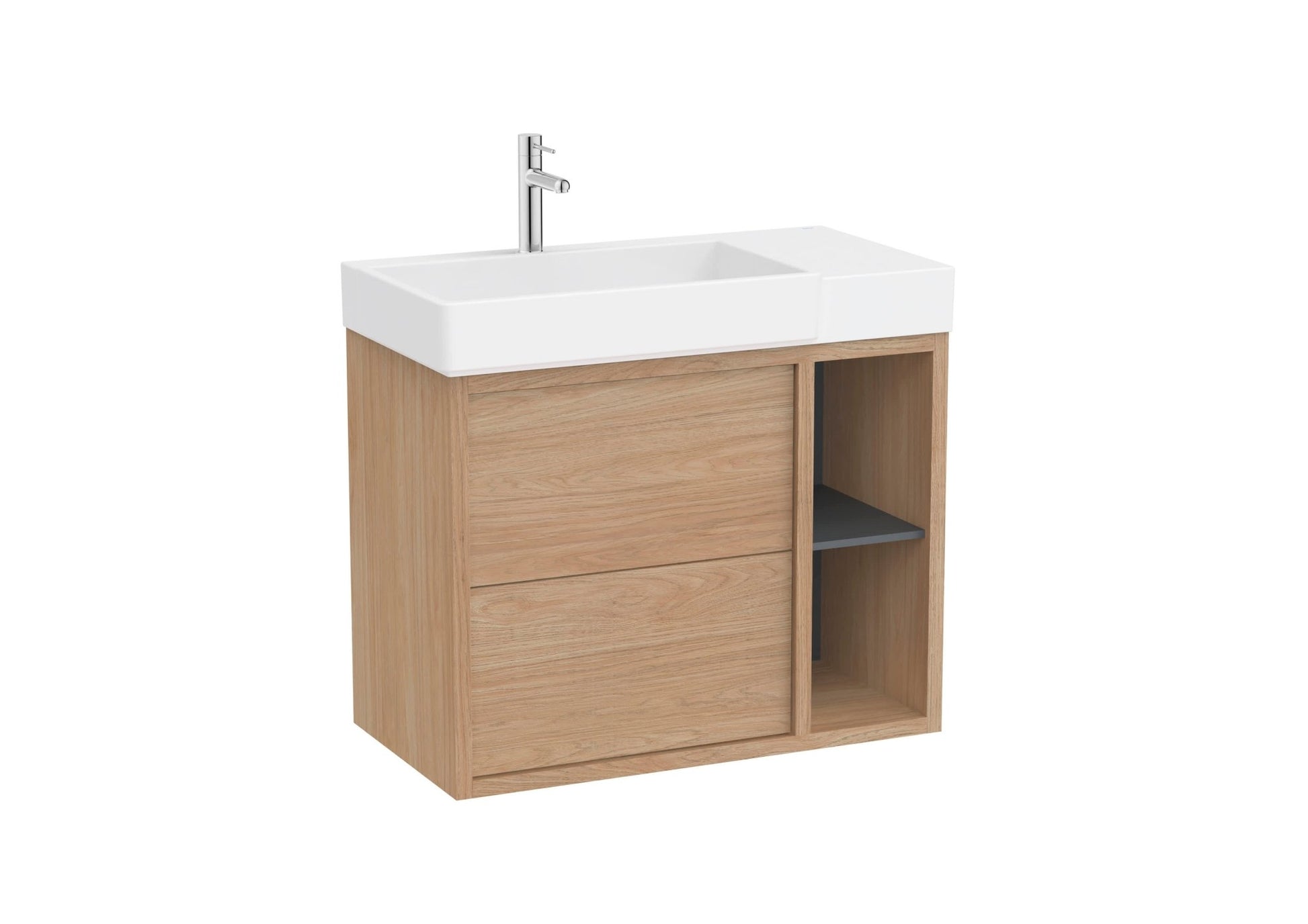 Roca - Mueble base Tura Unik asimétrico de dos cajones, estante lateral abierto y lavabo - BricoandPool